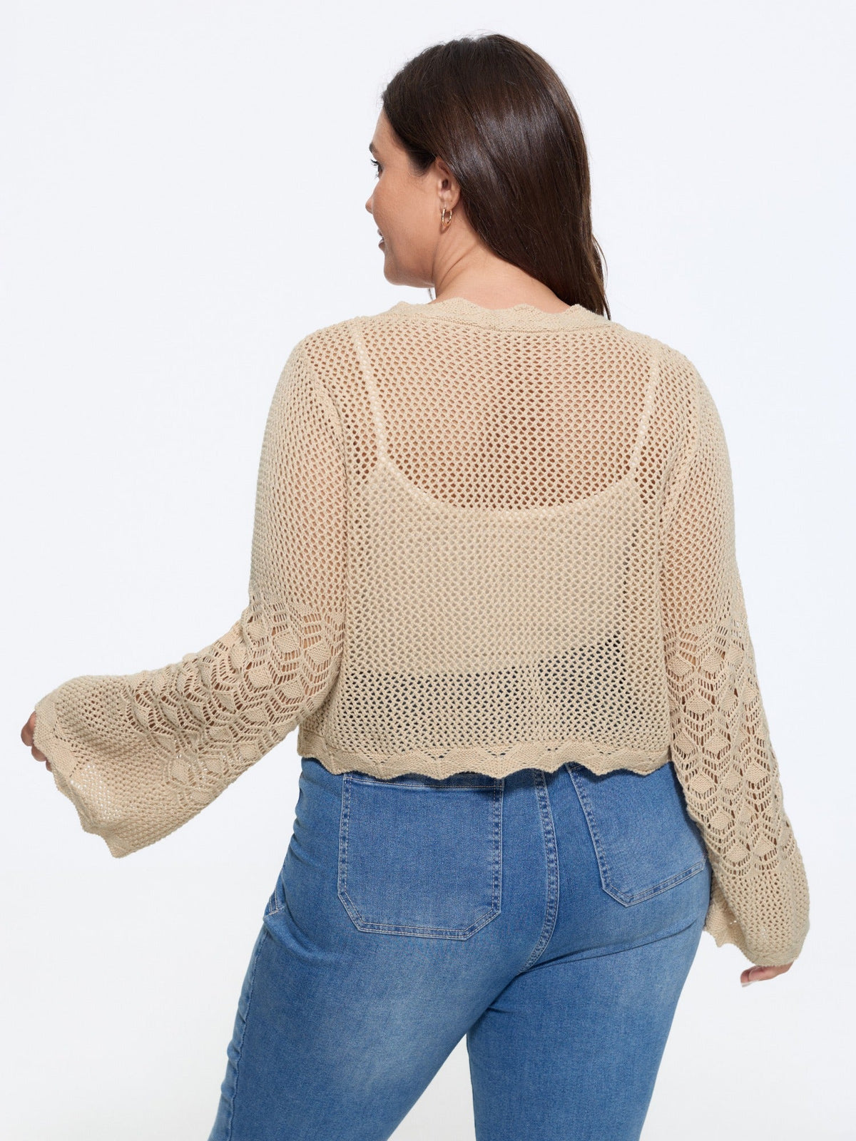 Scallop Trim Drawstring Flare Sleeve Hollow Cardigan