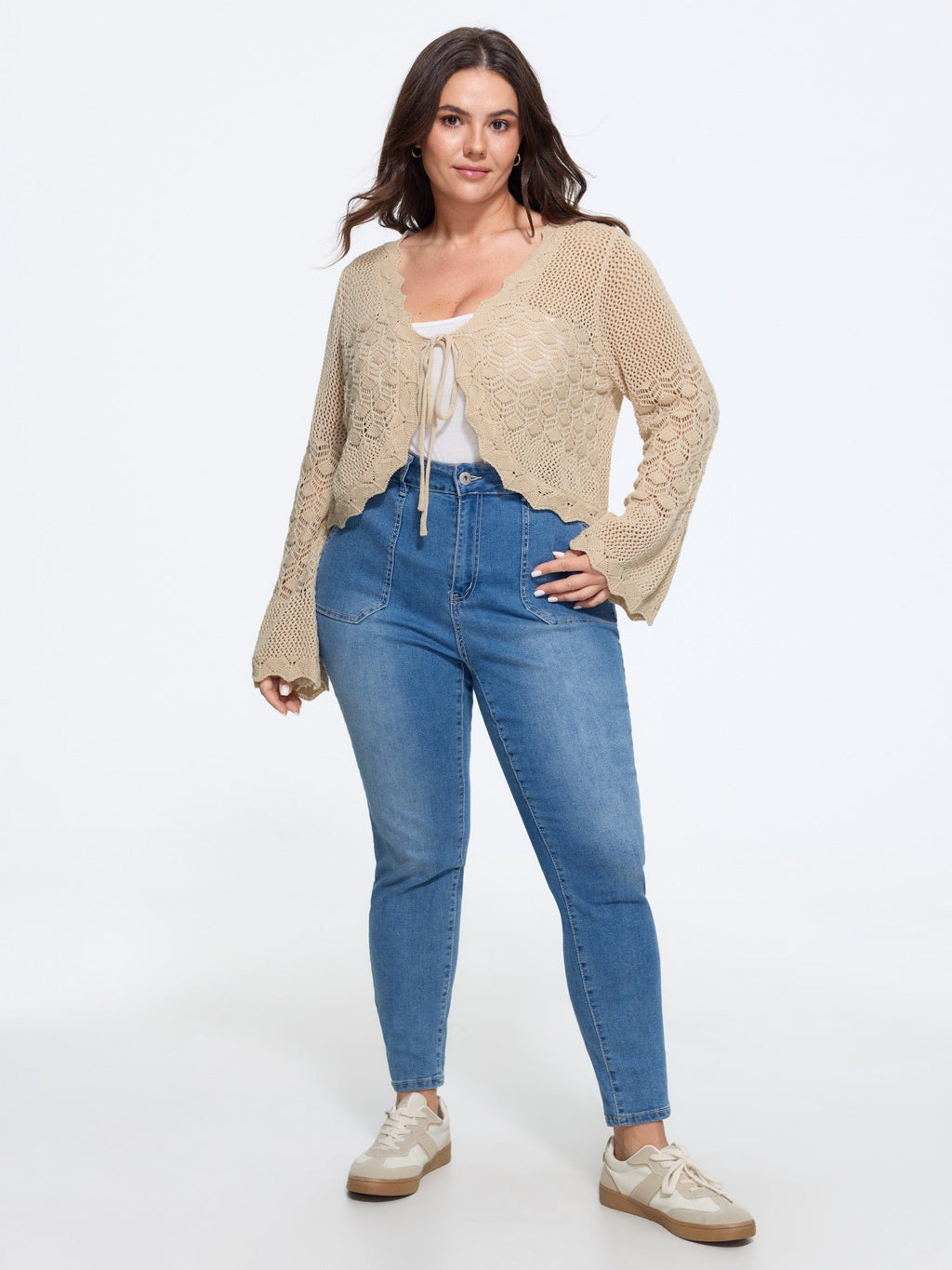 Scallop Trim Drawstring Flare Sleeve Hollow Cardigan