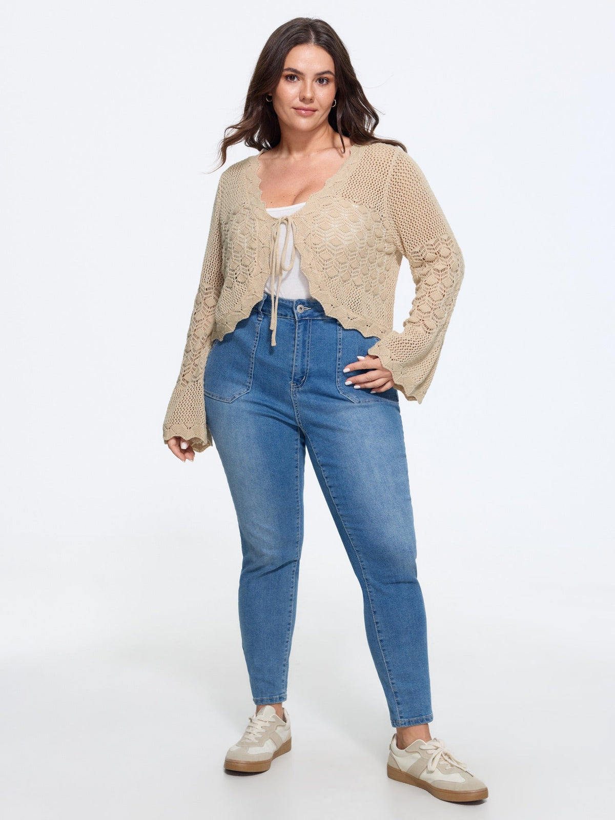 Scallop Trim Drawstring Flare Sleeve Hollow Cardigan