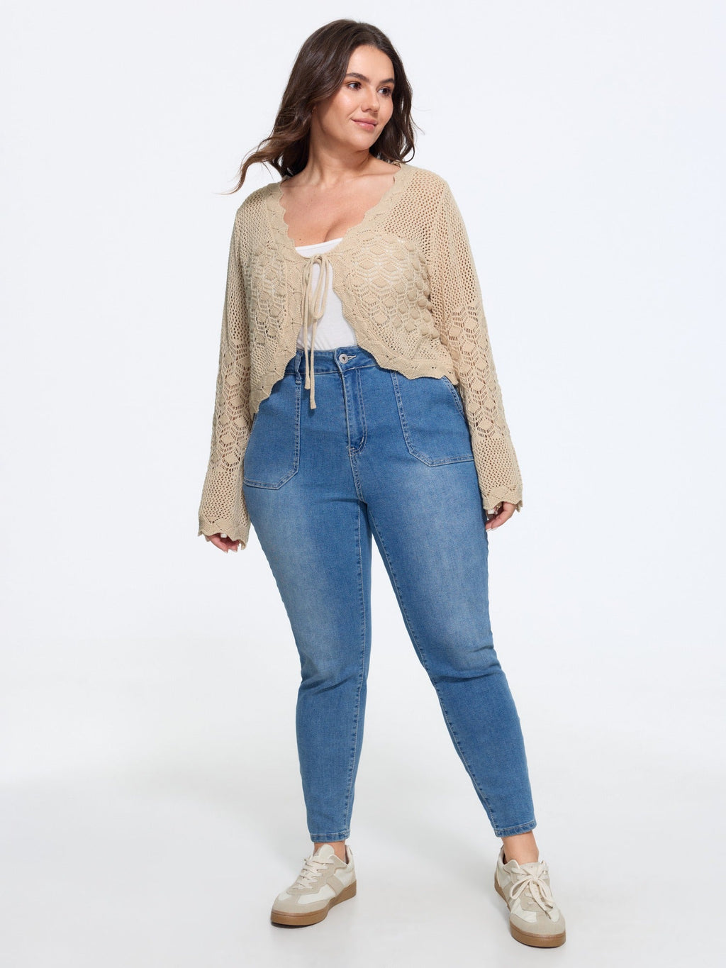 Scallop Trim Drawstring Flare Sleeve Hollow Cardigan