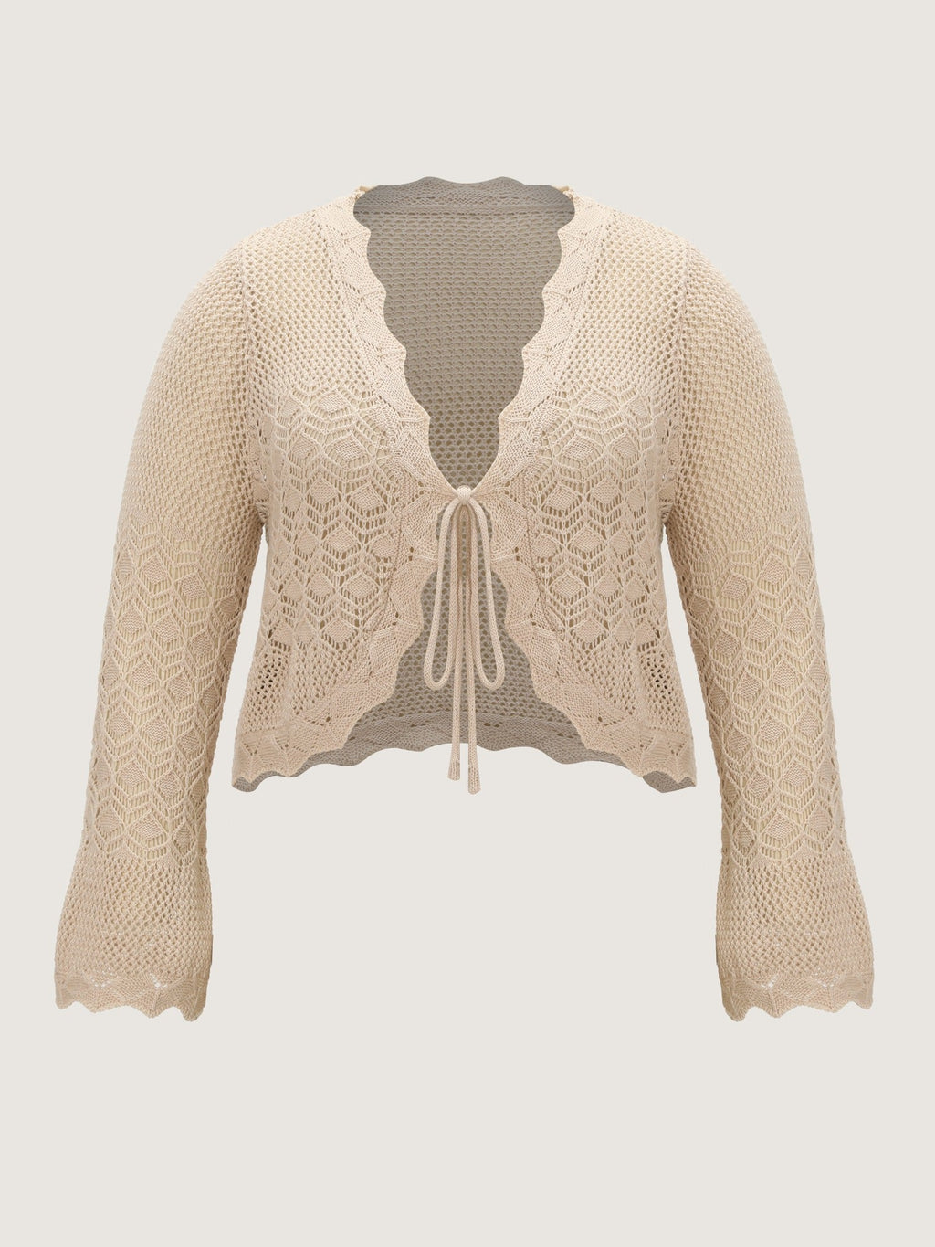 Scallop Trim Drawstring Flare Sleeve Hollow Cardigan