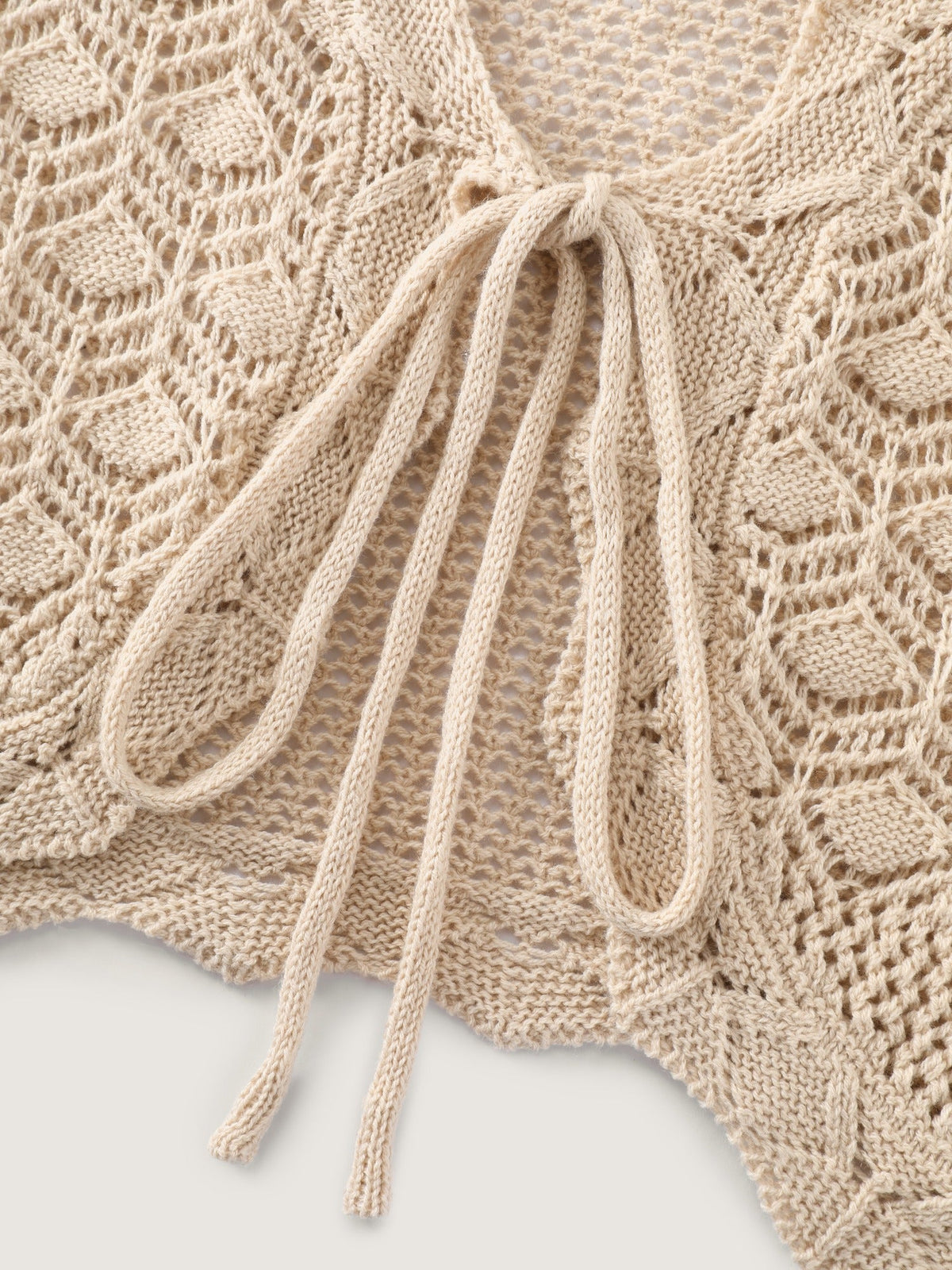 Scallop Trim Drawstring Flare Sleeve Hollow Cardigan