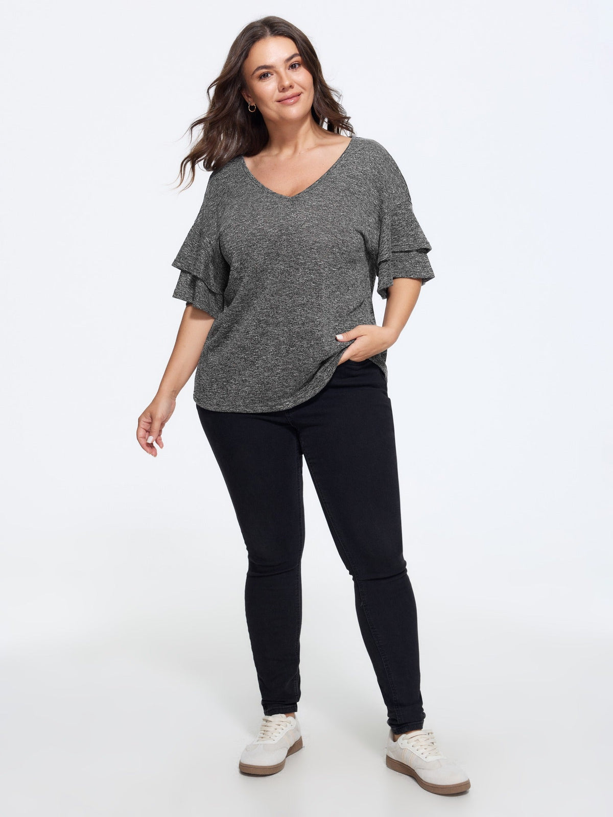 Supersoft Stretchy Double Ruffle Sleeve Casual Top