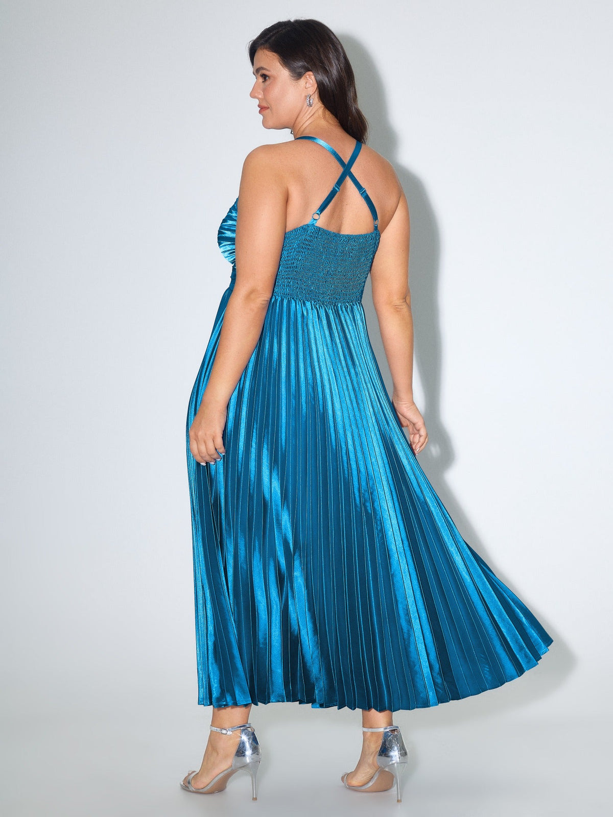 Satin Ruched Shirred Cross Back Pleated Maxi Dress