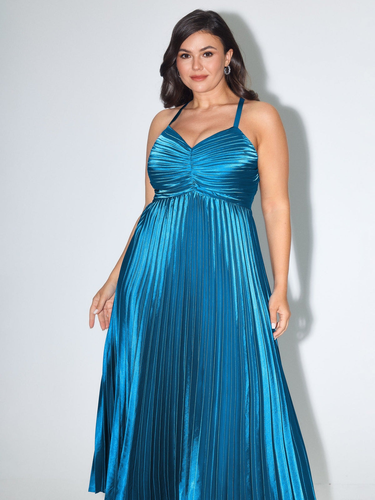Satin Ruched Shirred Cross Back Pleated Maxi Dress