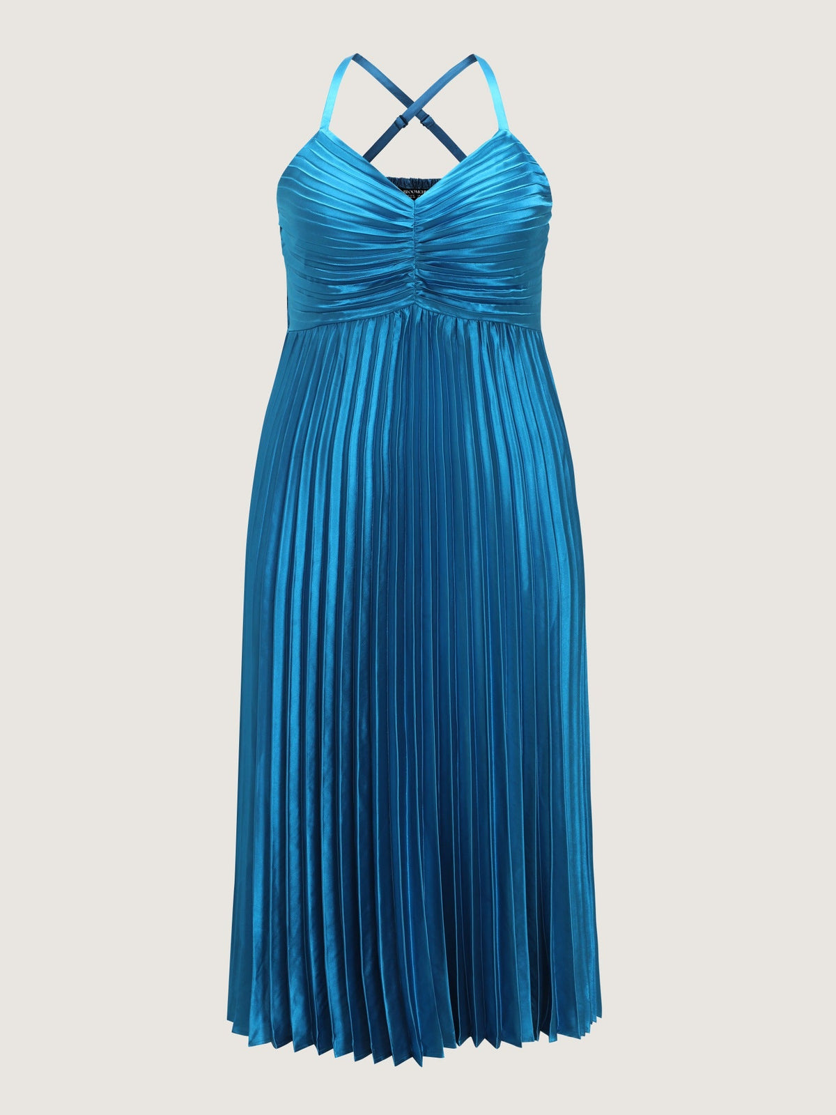 Satin Ruched Shirred Cross Back Pleated Maxi Dress