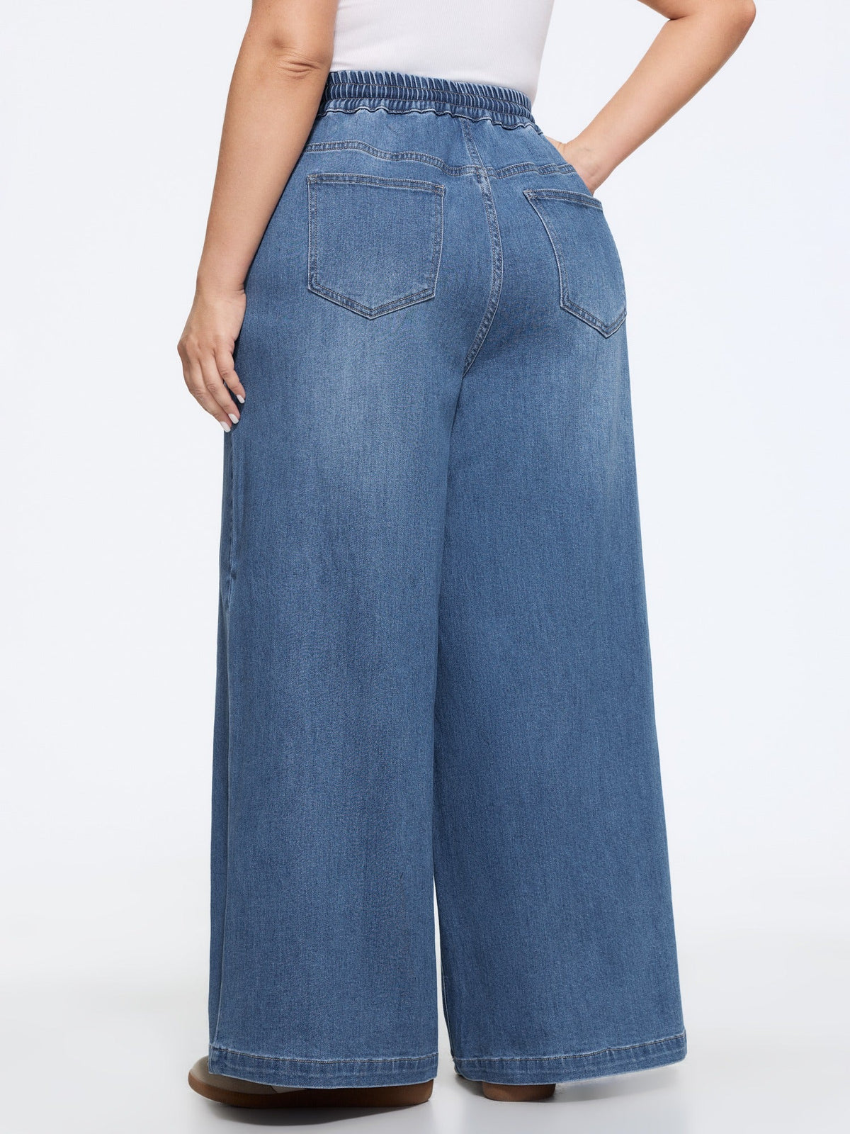Stretchy Drawstring Waist Pocket Wide Leg Jeans