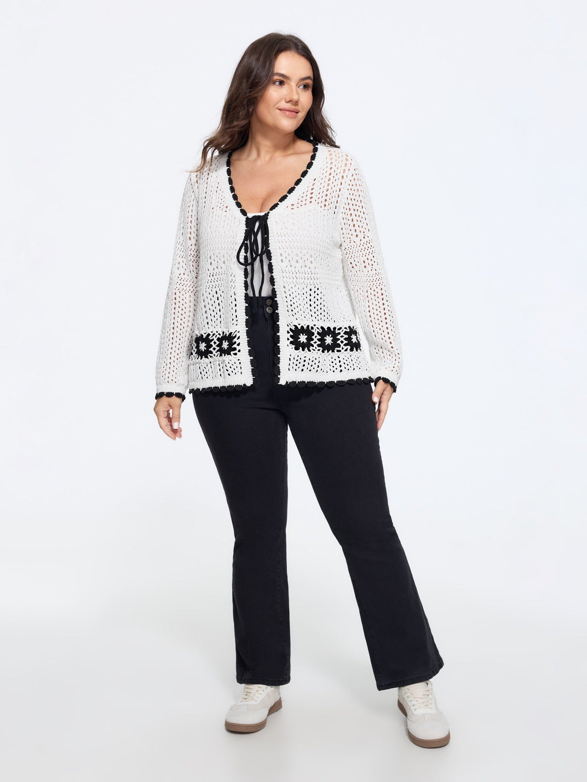 Floral Contrast Hollow Drawstring Cardigan