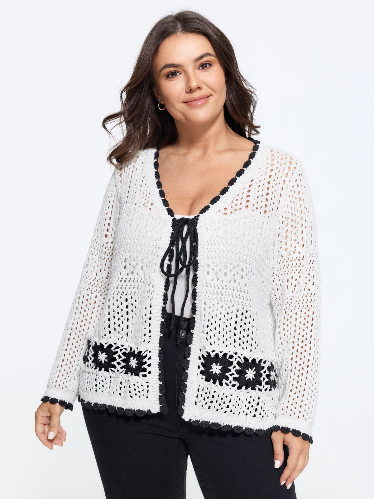 Floral Contrast Hollow Drawstring Cardigan