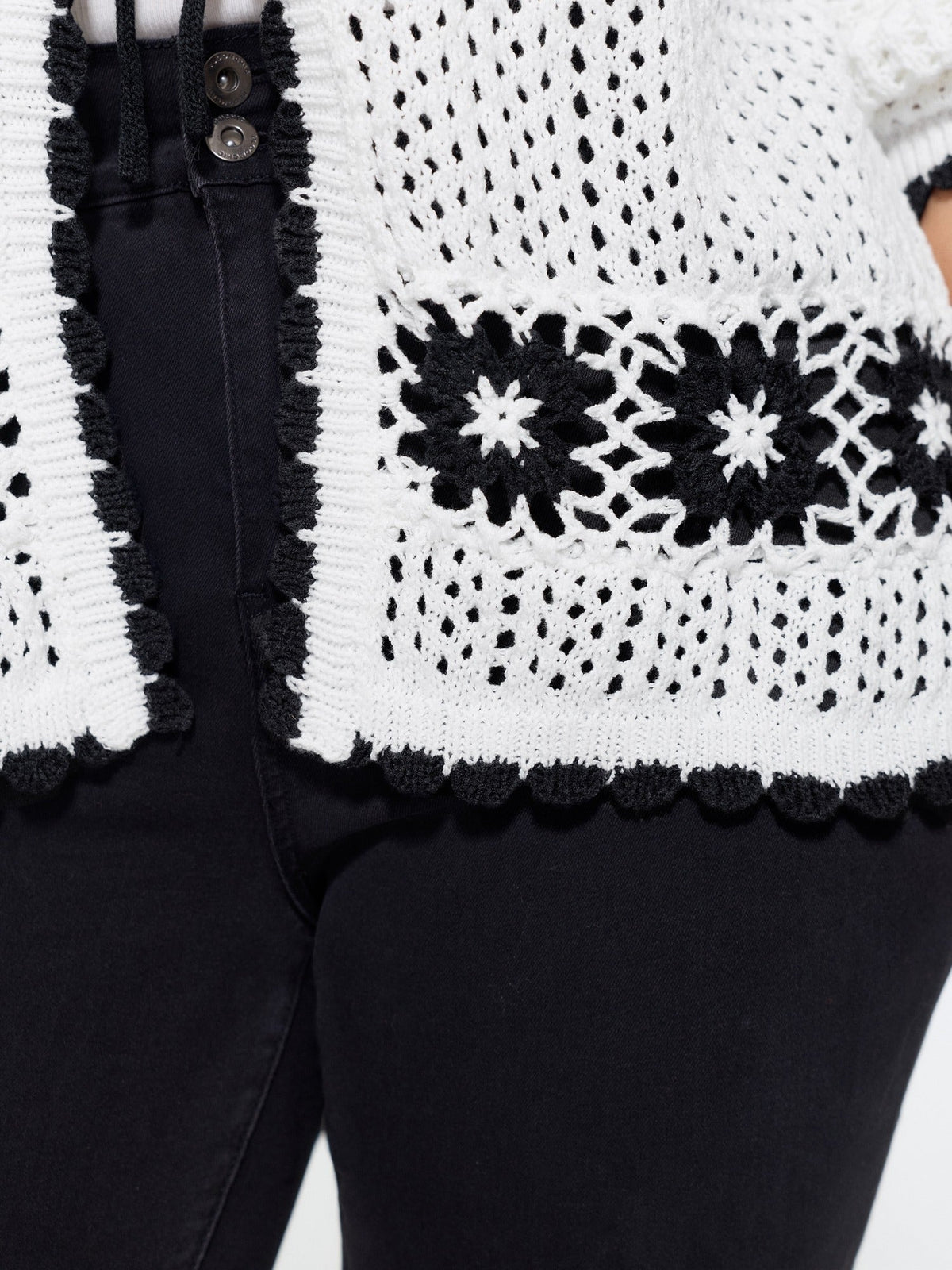 Floral Contrast Hollow Drawstring Cardigan