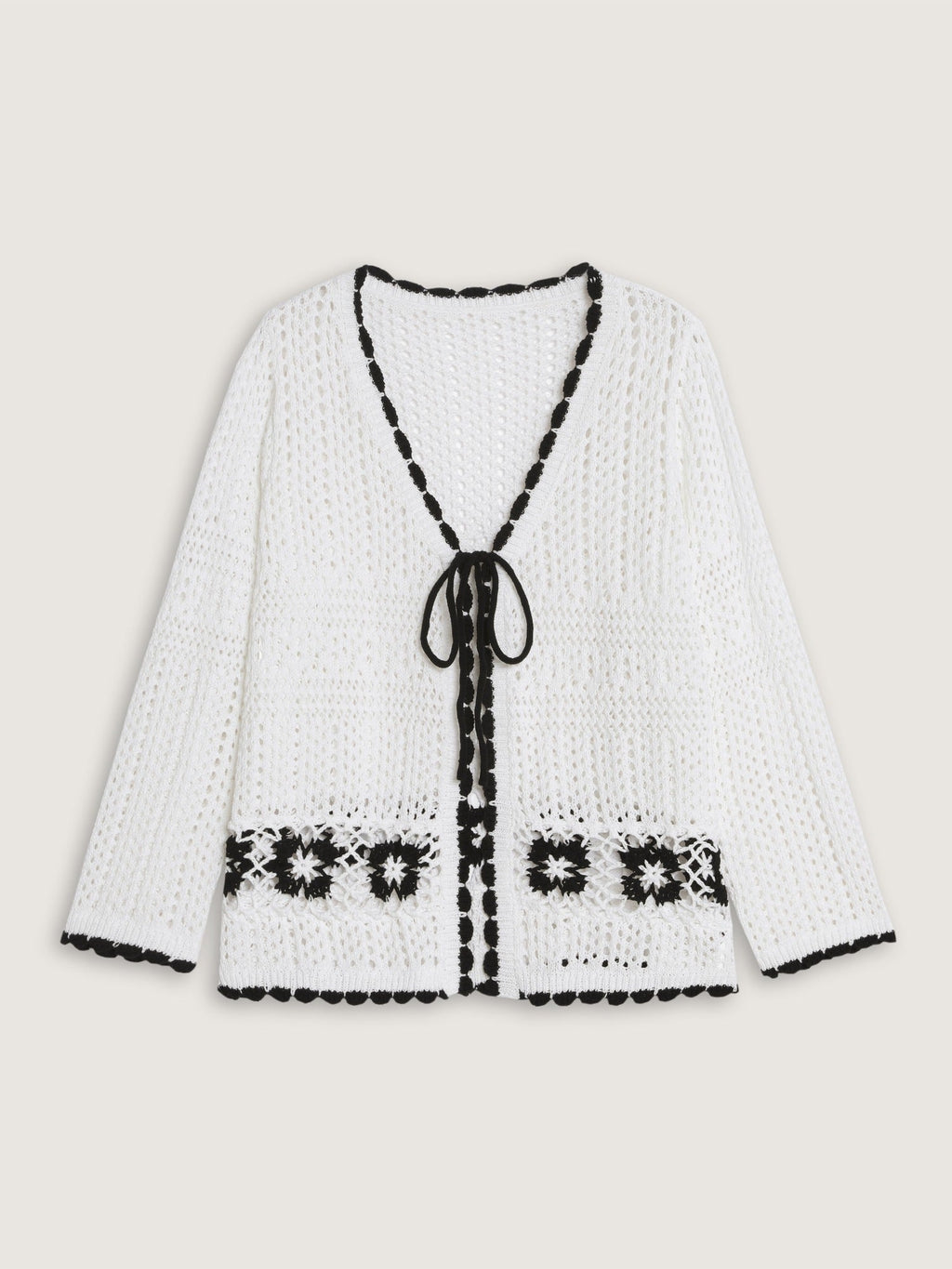 Floral Contrast Hollow Drawstring Cardigan
