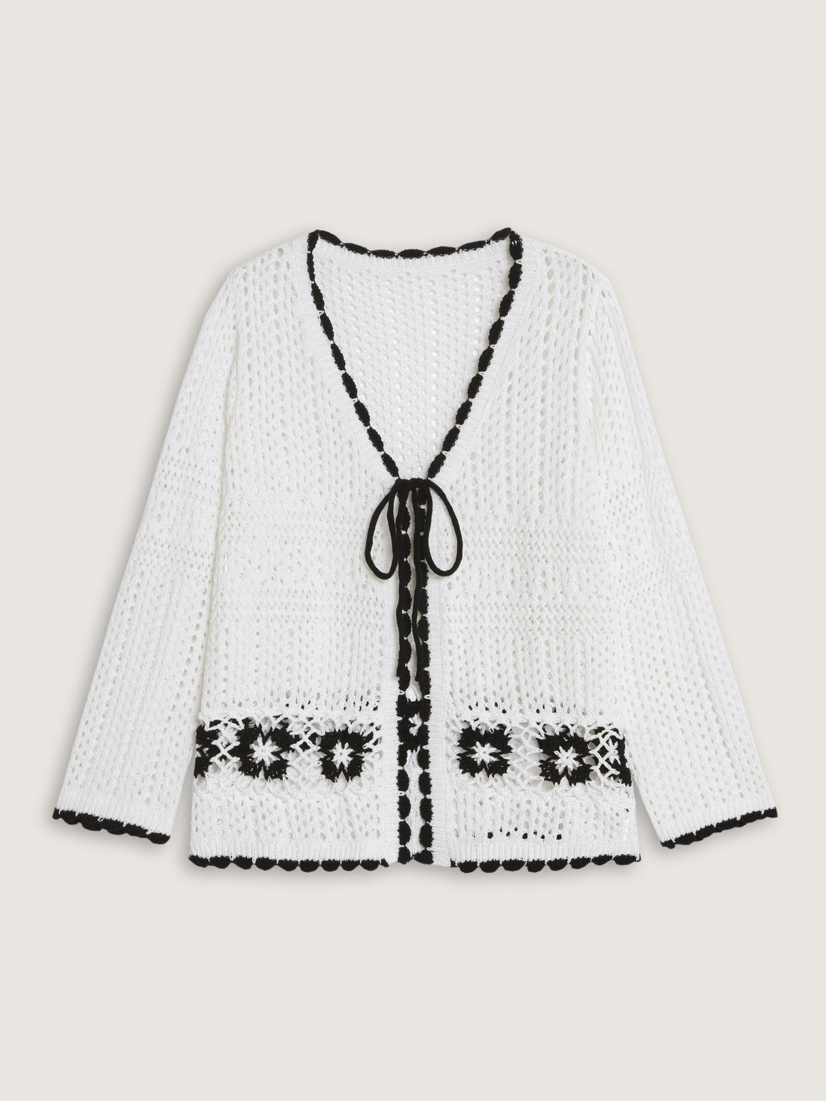 Floral Contrast Hollow Drawstring Cardigan