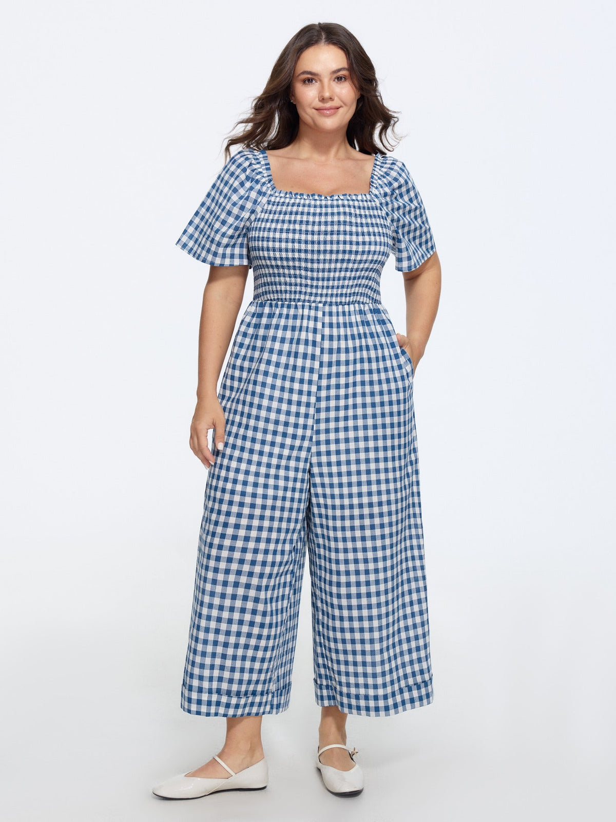 Cotton Plaid Print Square Neck Shirred Wide Leg Jumpsuit