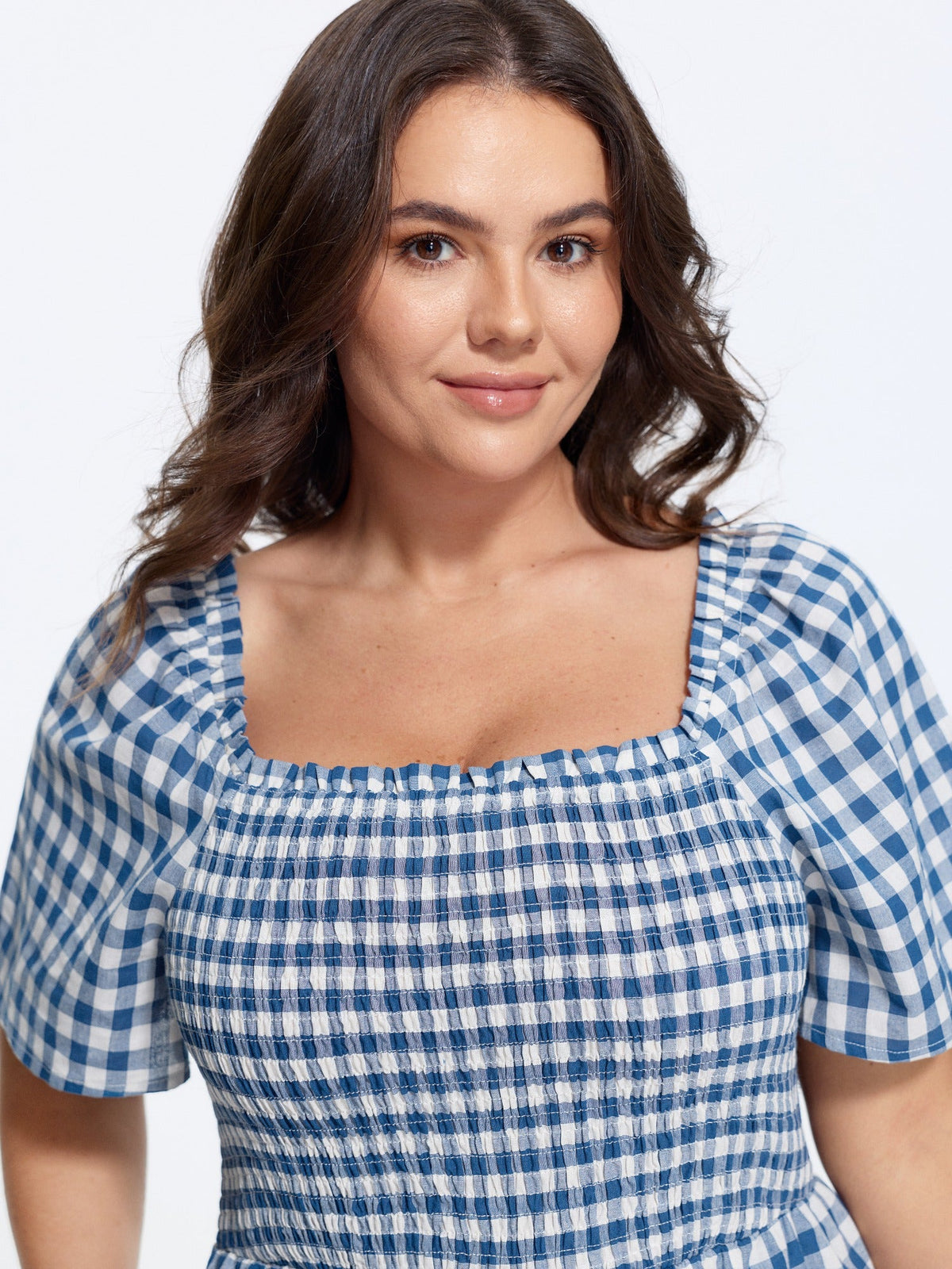 Cotton Plaid Print Square Neck Shirred Wide Leg Jumpsuit