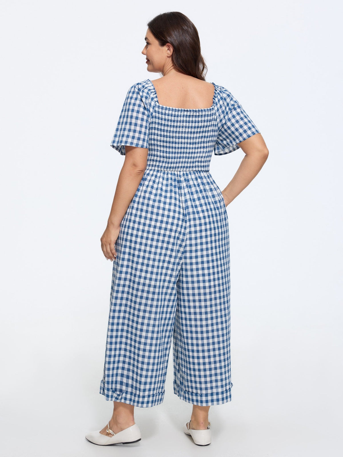 Cotton Plaid Print Square Neck Shirred Wide Leg Jumpsuit