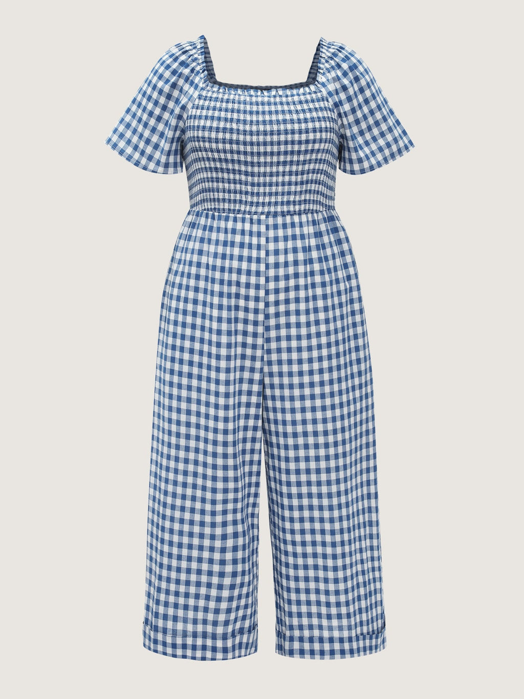 Cotton Plaid Print Square Neck Shirred Wide Leg Jumpsuit