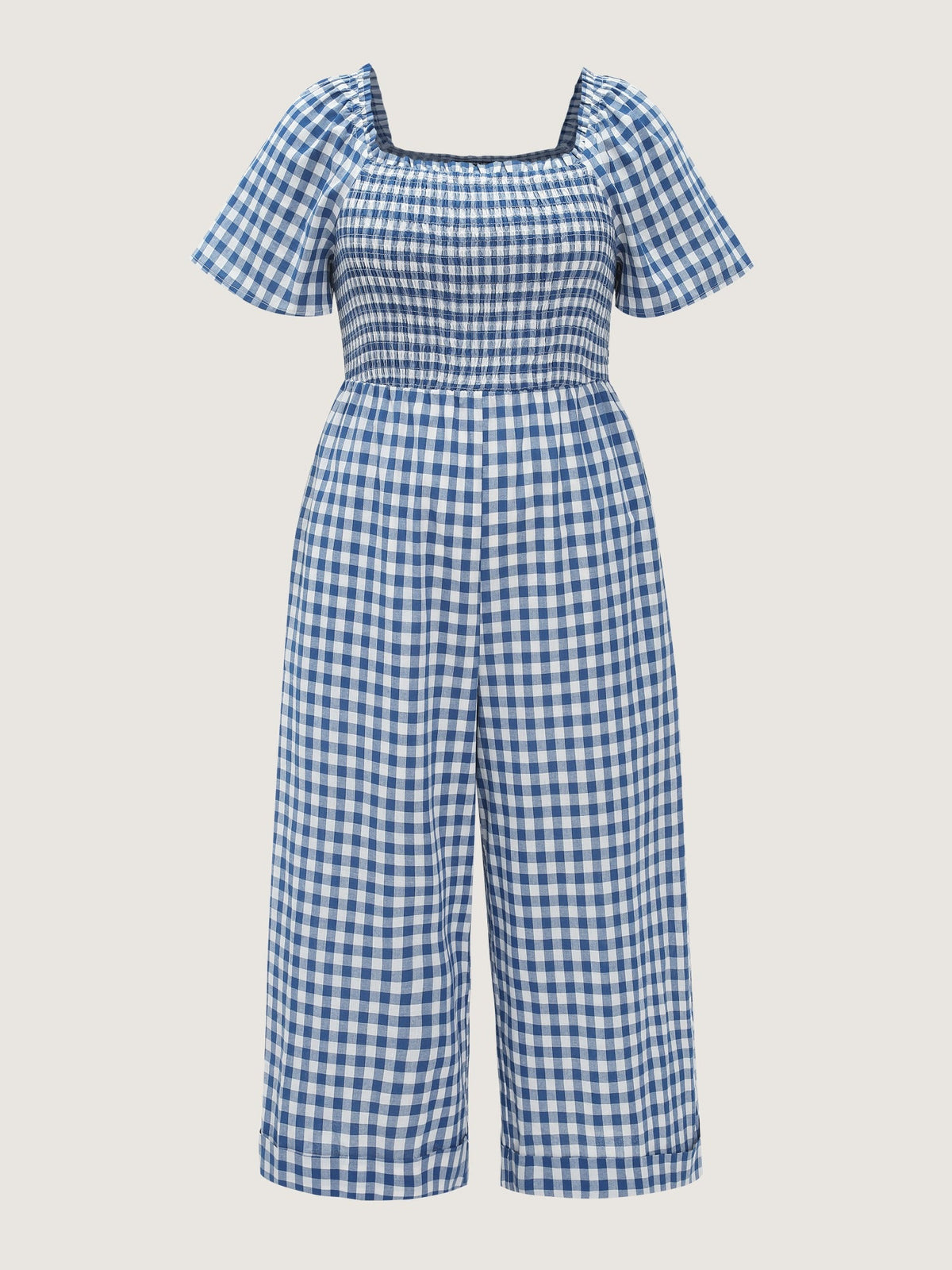 Cotton Plaid Print Square Neck Shirred Wide Leg Jumpsuit