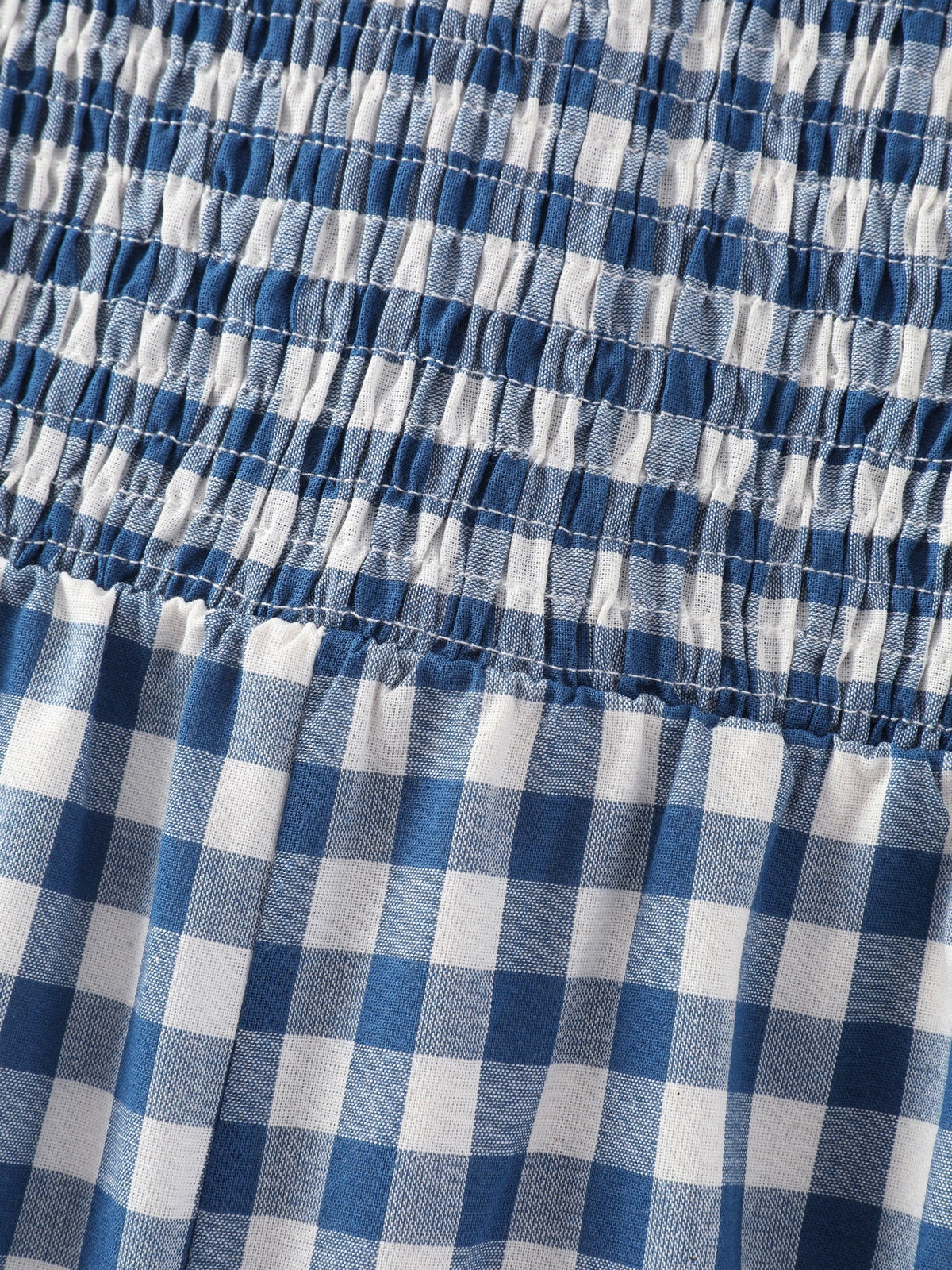 Cotton Plaid Print Square Neck Shirred Wide Leg Jumpsuit