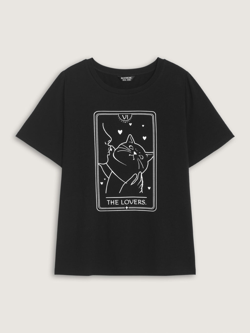 Crew Neck Cat Print Curved Hem T-Shirt