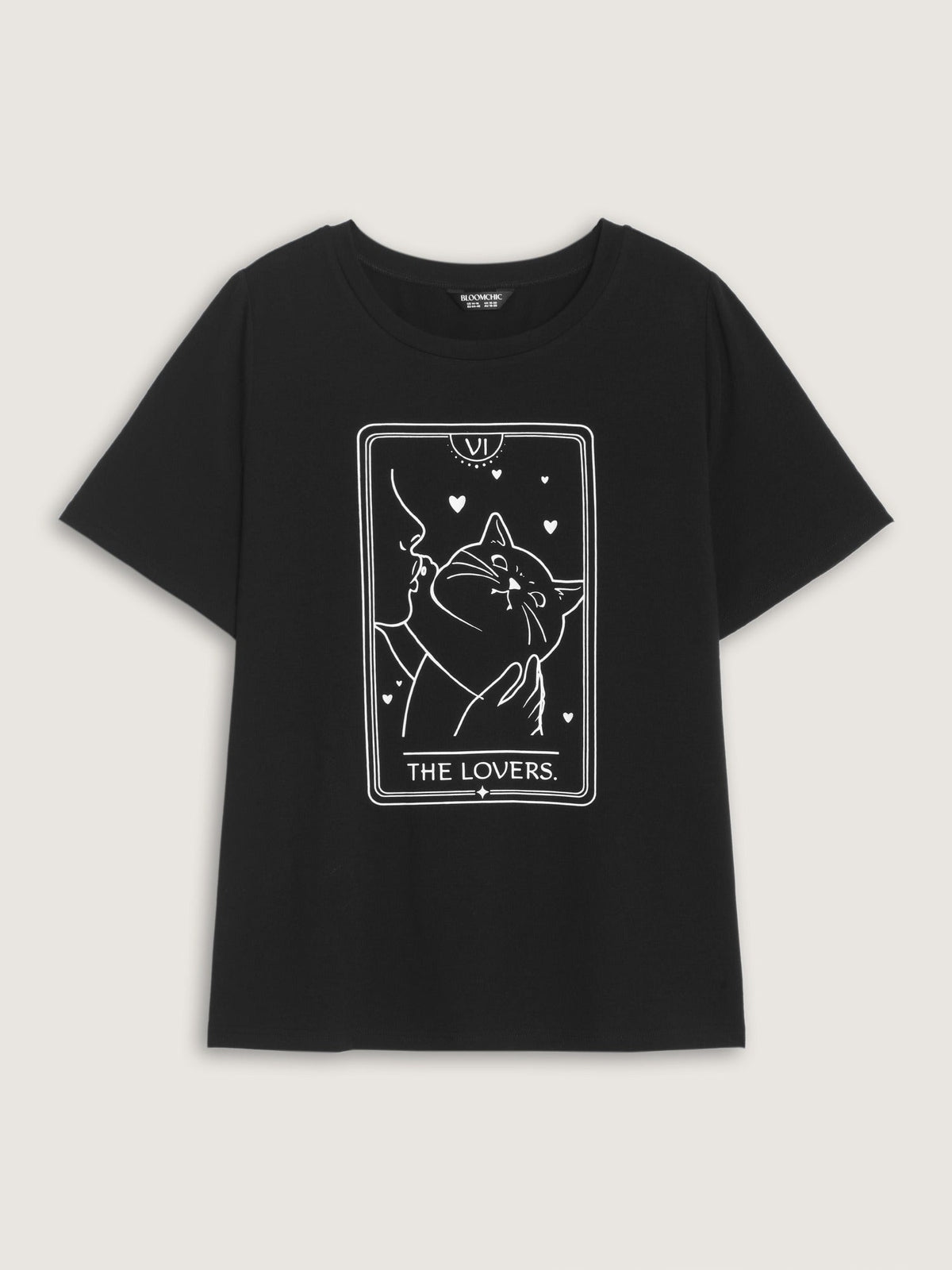 Crew Neck Cat Print Curved Hem T-Shirt