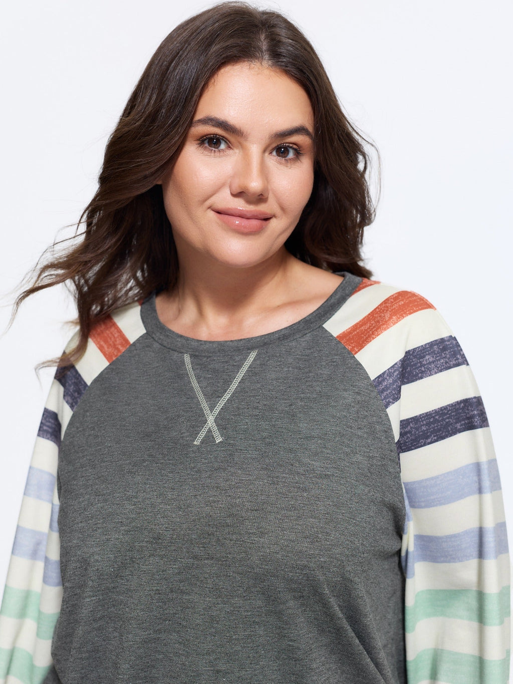 Supersoft Colorful Striped Sleeve Criss‑Cross Stitch Sweatshirt