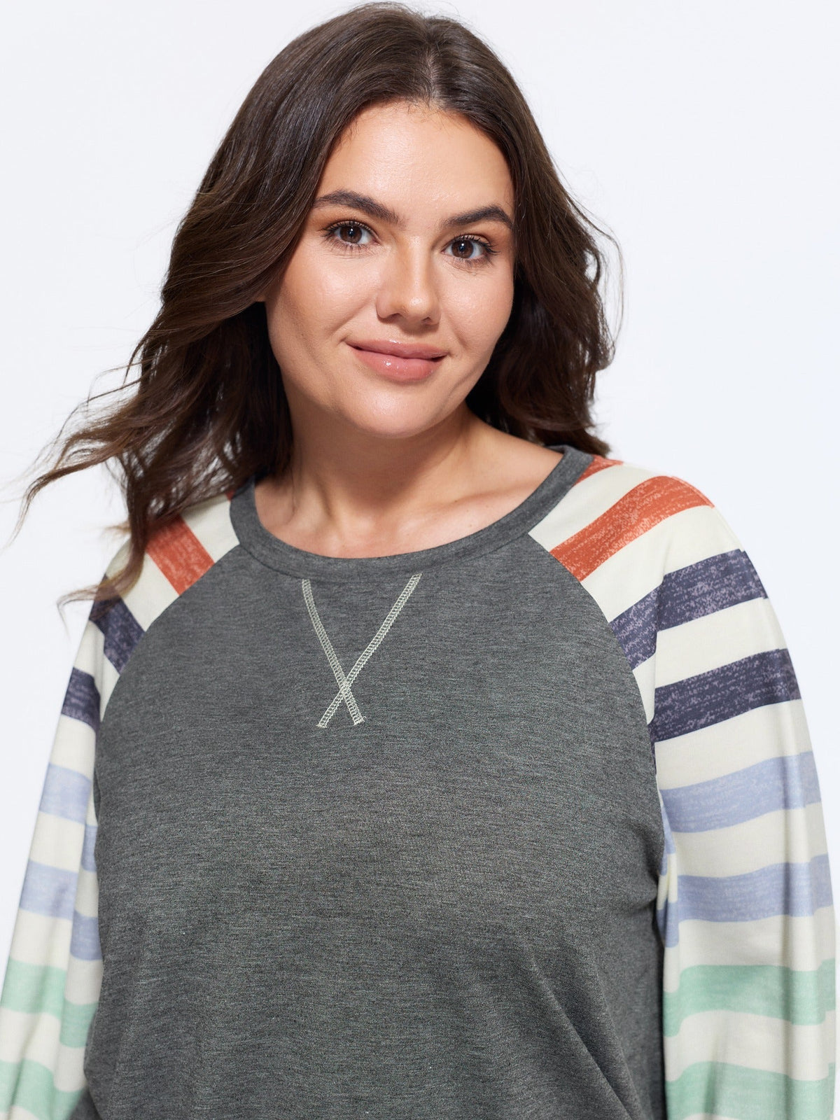 Supersoft Colorful Striped Sleeve Criss‑Cross Stitch Sweatshirt