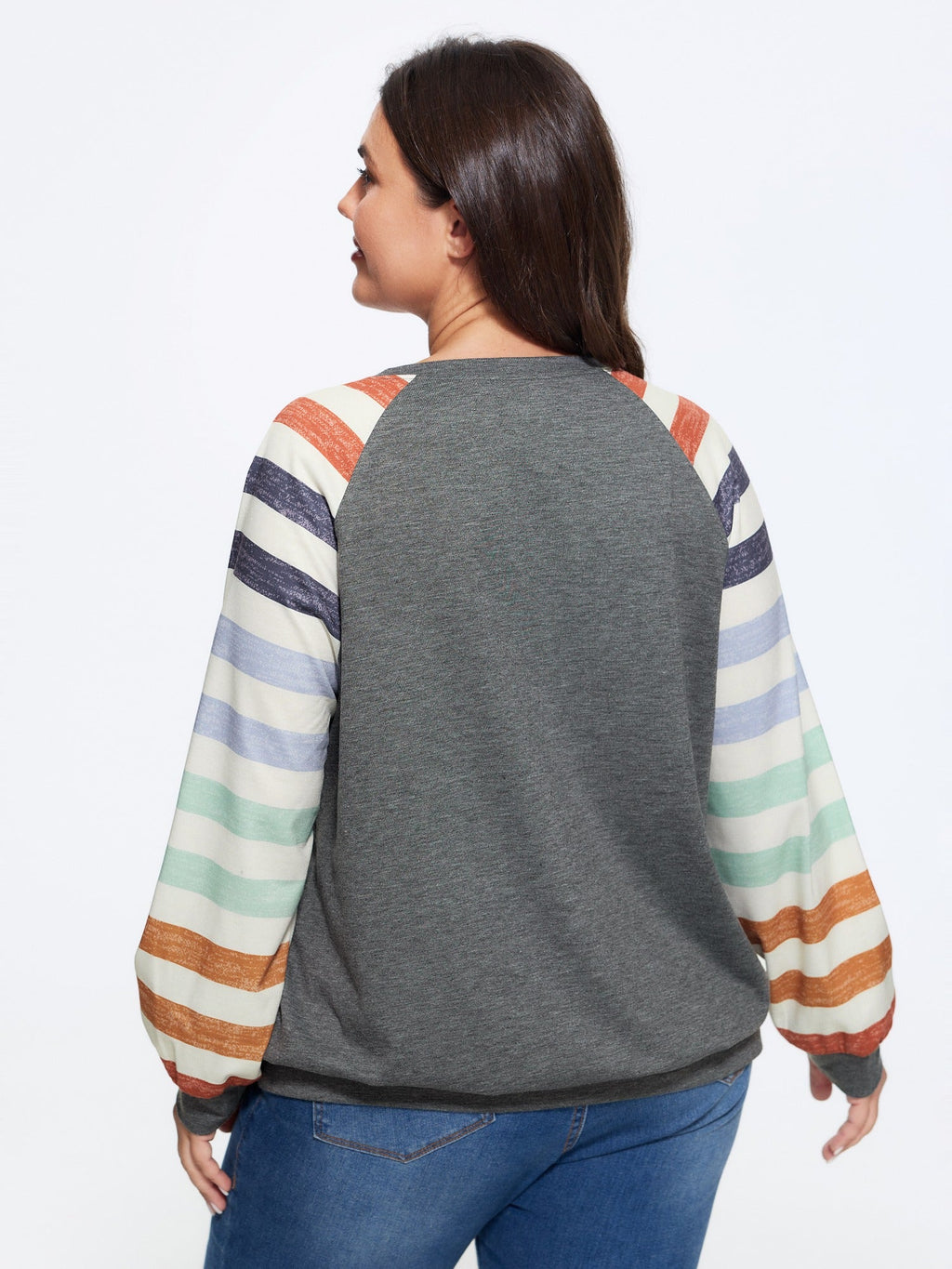 Supersoft Colorful Striped Sleeve Criss‑Cross Stitch Sweatshirt