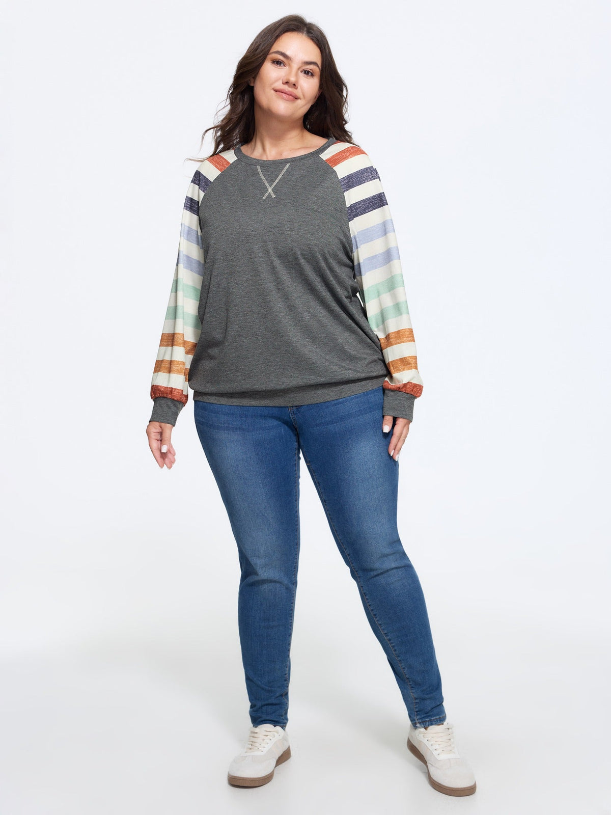 Supersoft Colorful Striped Sleeve Criss‑Cross Stitch Sweatshirt