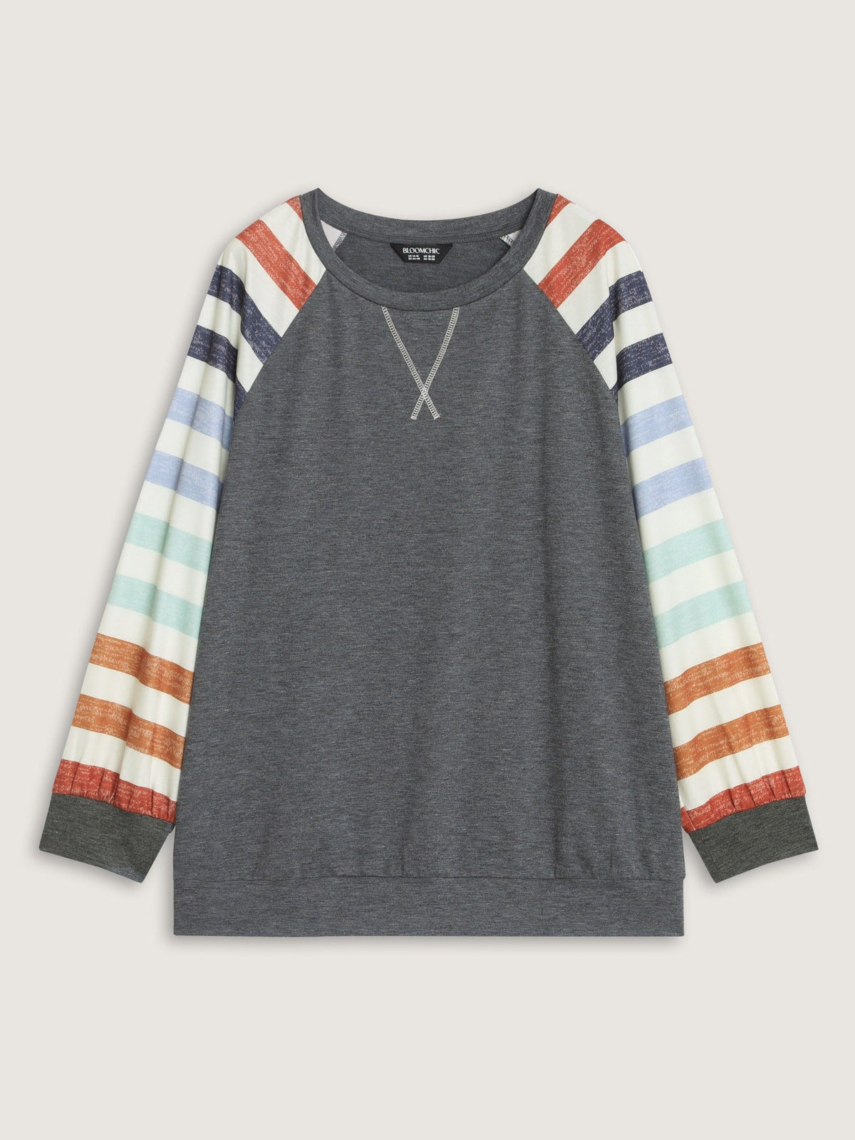 Supersoft Colorful Striped Sleeve Criss‑Cross Stitch Sweatshirt
