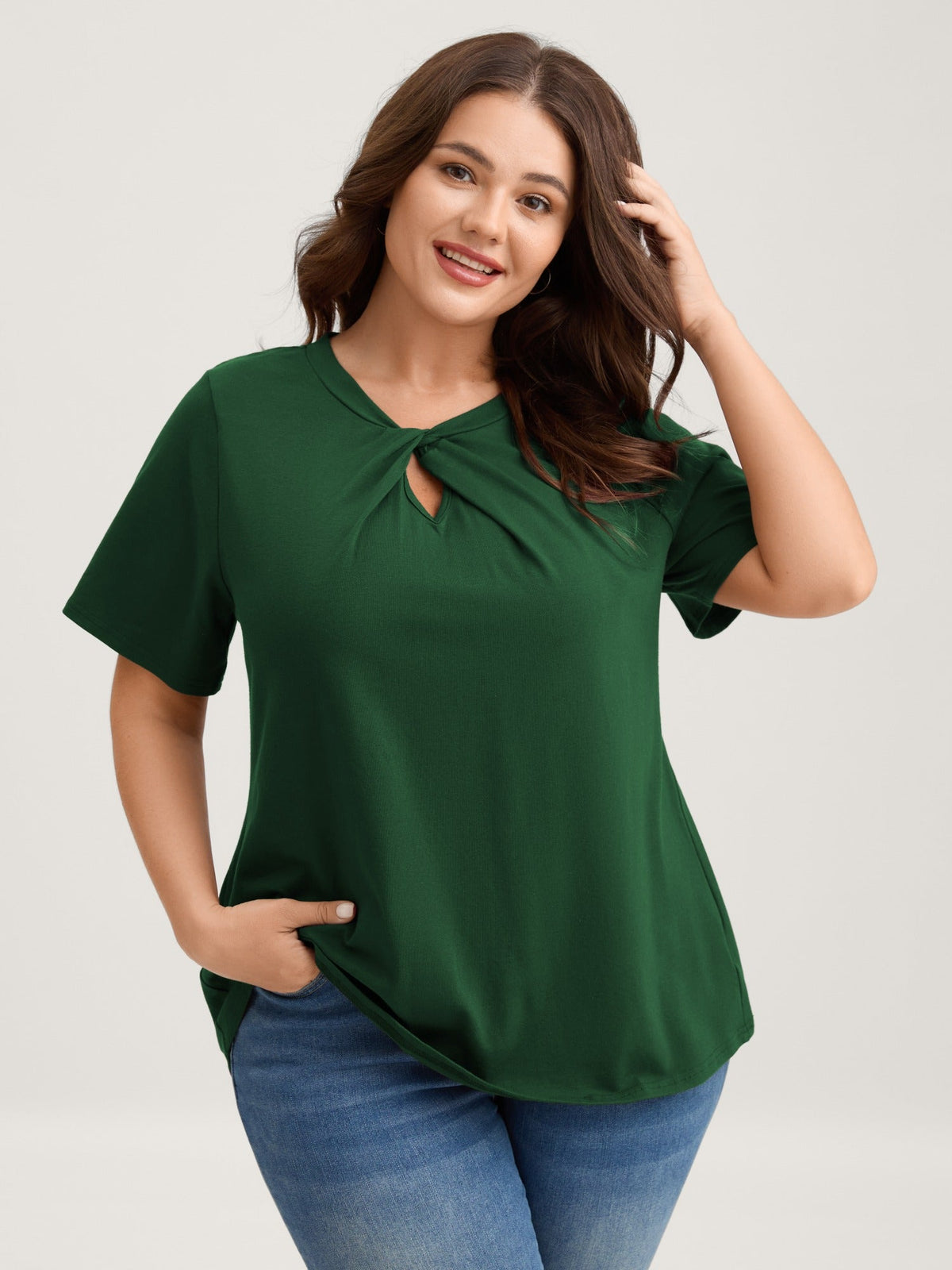 Knotted Cut-Out Neckline Solid T-Shirt