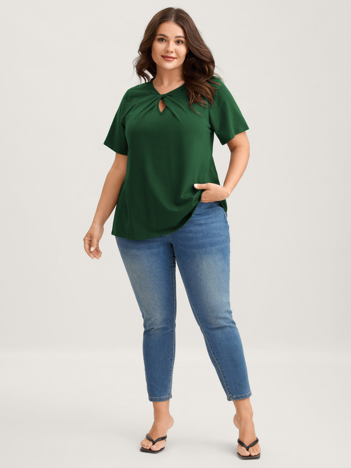 Knotted Cut-Out Neckline Solid T-Shirt