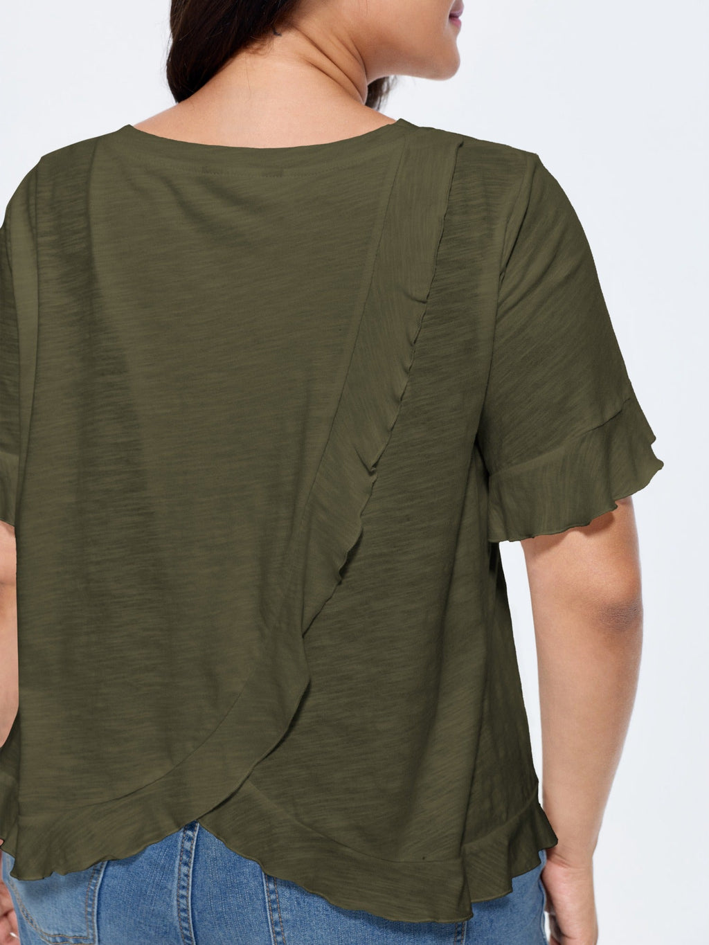Cotton Overlap Back Sheer Ruffled T-Shirt