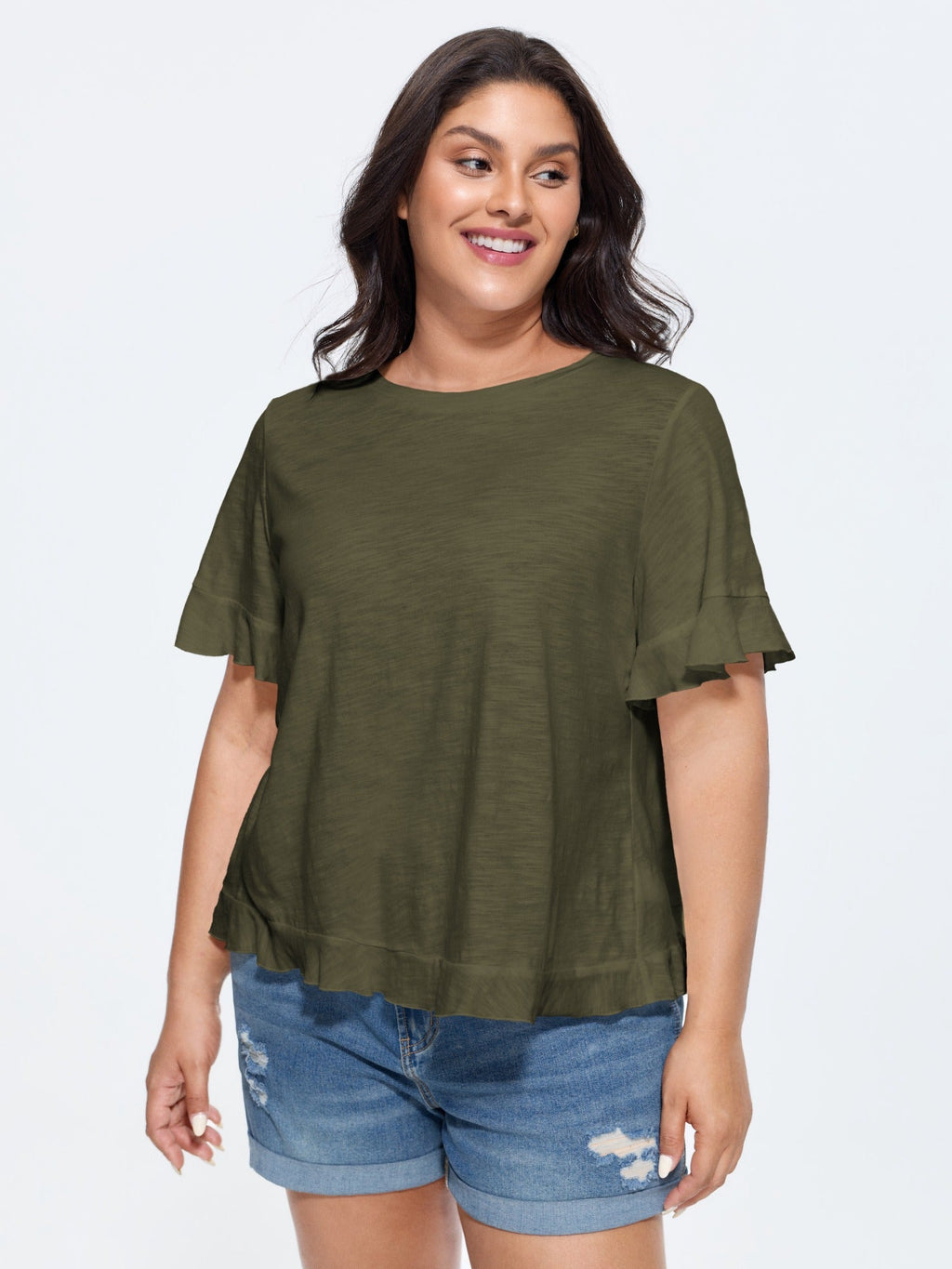 Cotton Overlap Back Sheer Ruffled T-Shirt