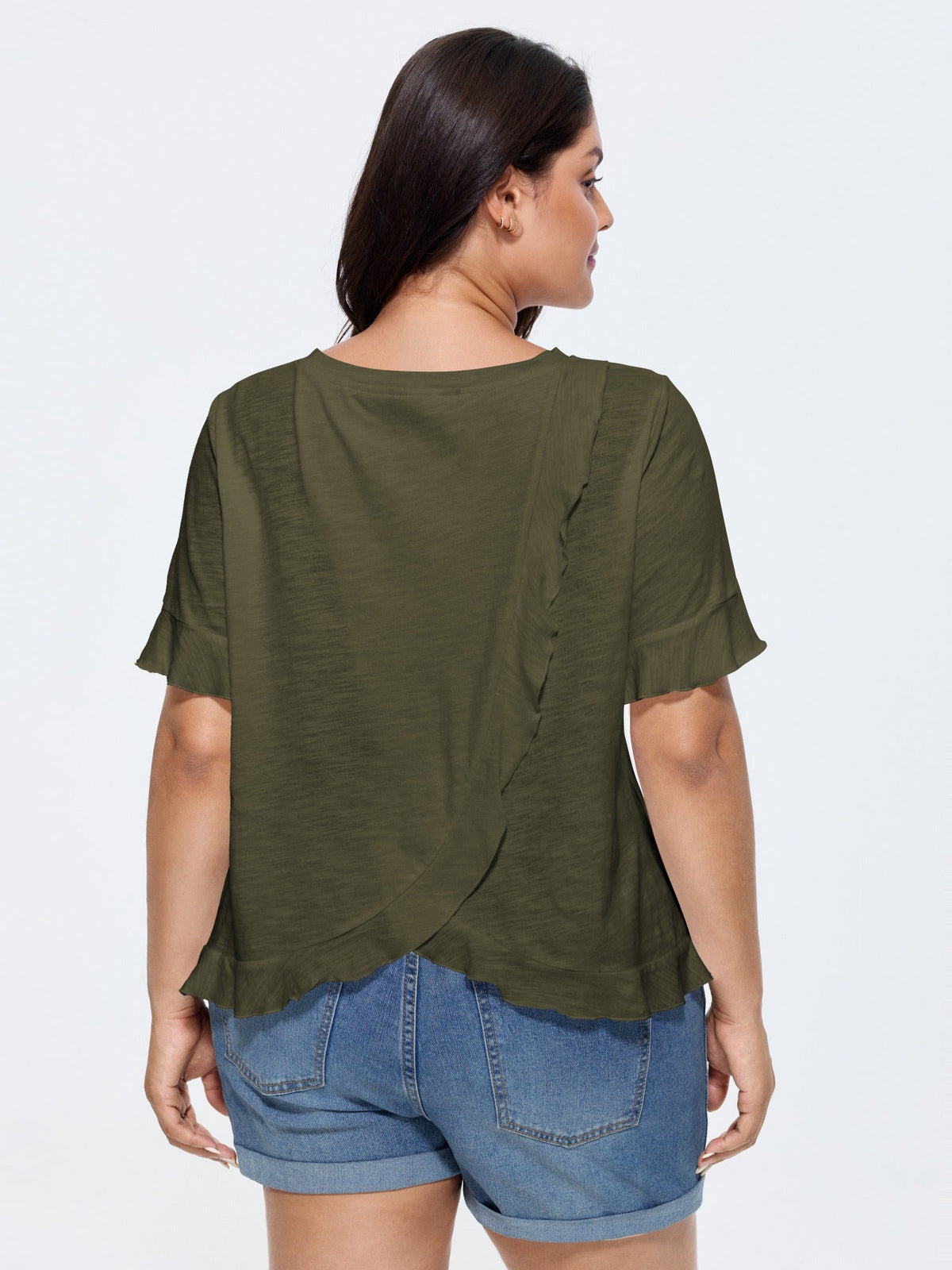 Cotton Overlap Back Sheer Ruffled T-Shirt