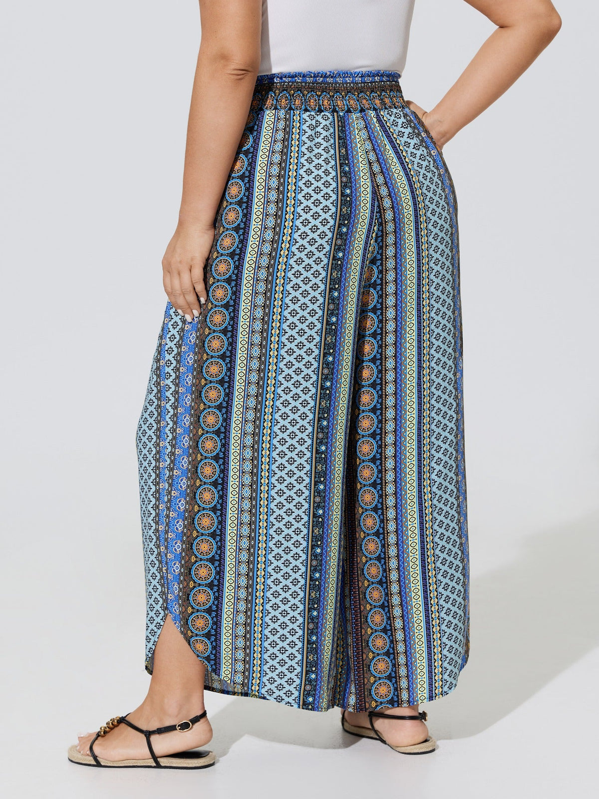Boho Print Shirred Waist Wide-Leg Pants
