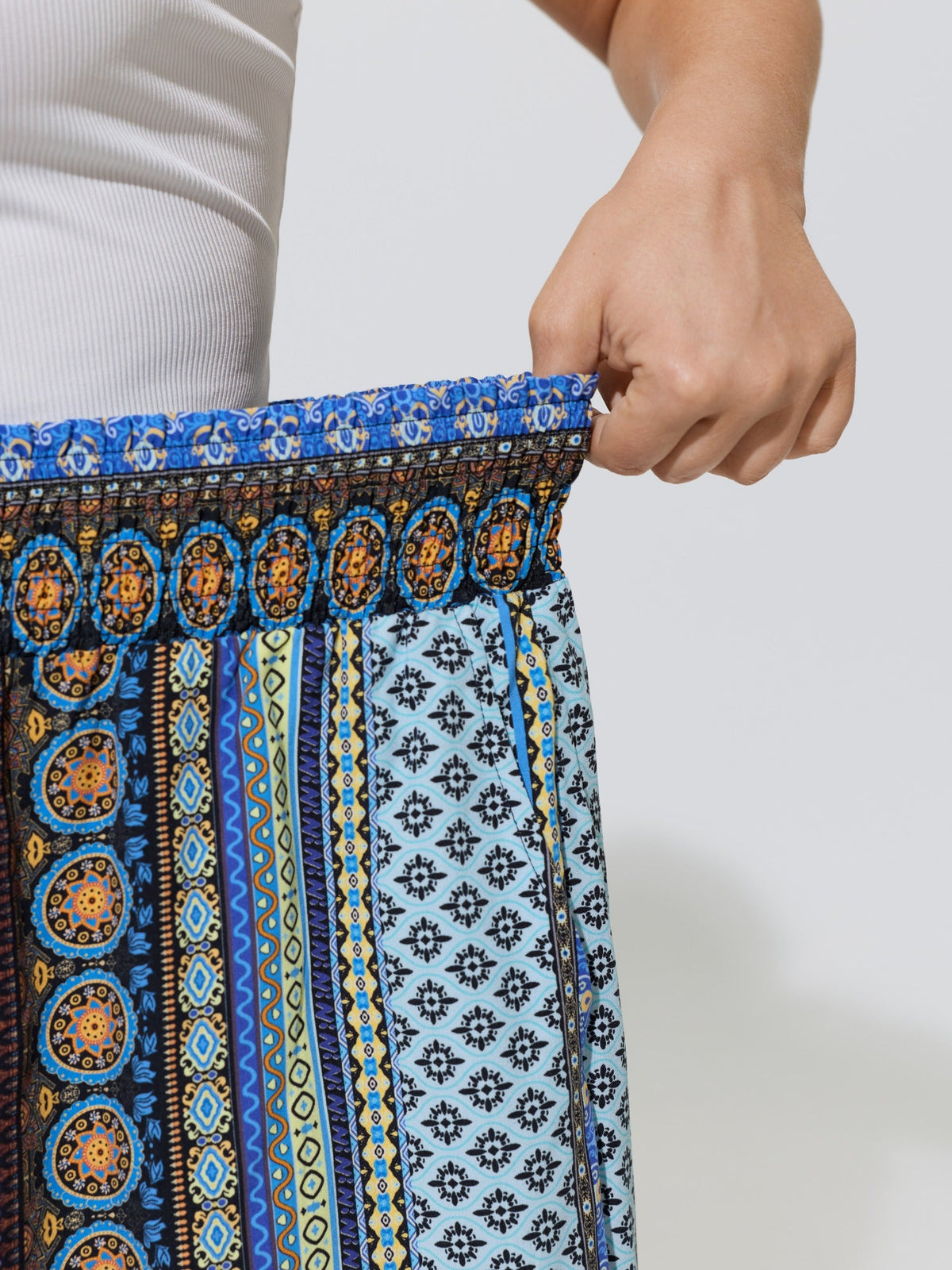 Boho Print Shirred Waist Wide-Leg Pants