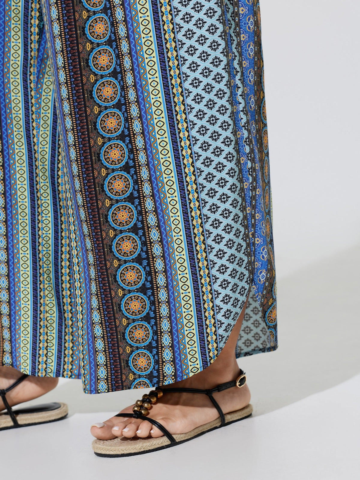 Boho Print Shirred Waist Wide-Leg Pants