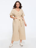 Cotton V Neck Button Waist Tie Wide Leg Jumpsuit