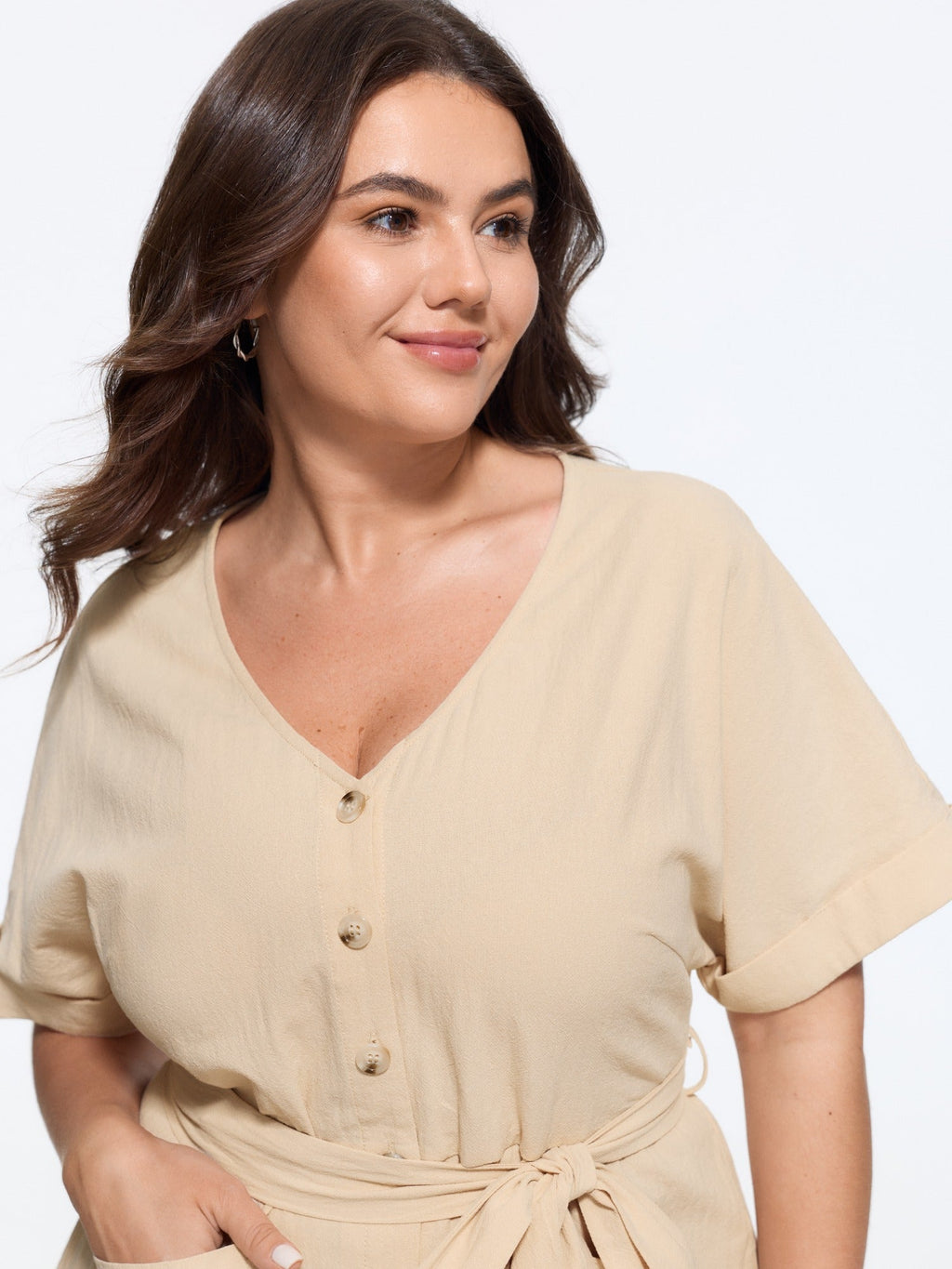 Cotton V Neck Button Waist Tie Wide Leg Jumpsuit