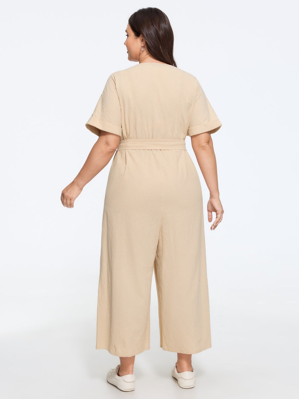 Cotton V Neck Button Waist Tie Wide Leg Jumpsuit