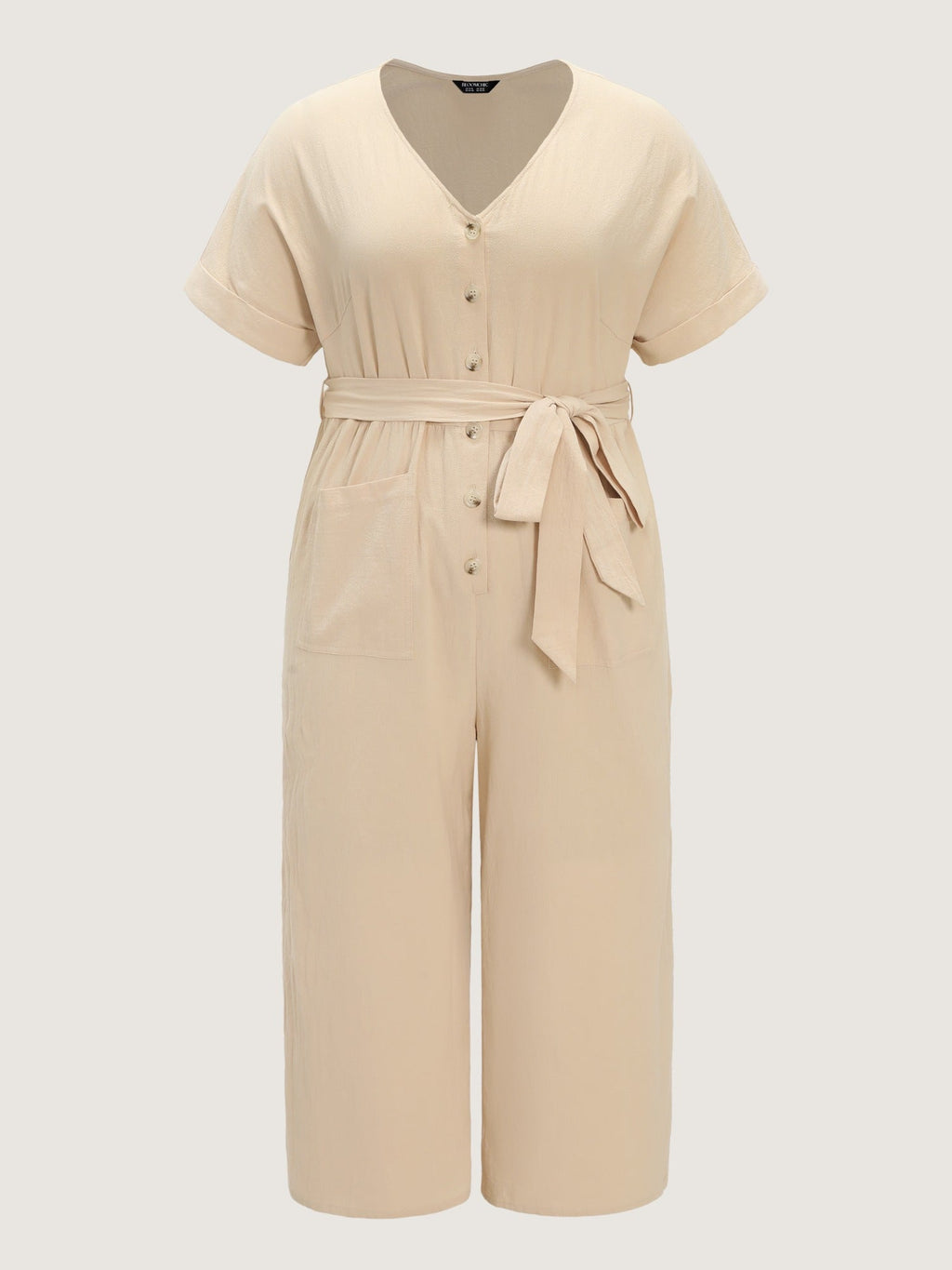Cotton V Neck Button Waist Tie Wide Leg Jumpsuit