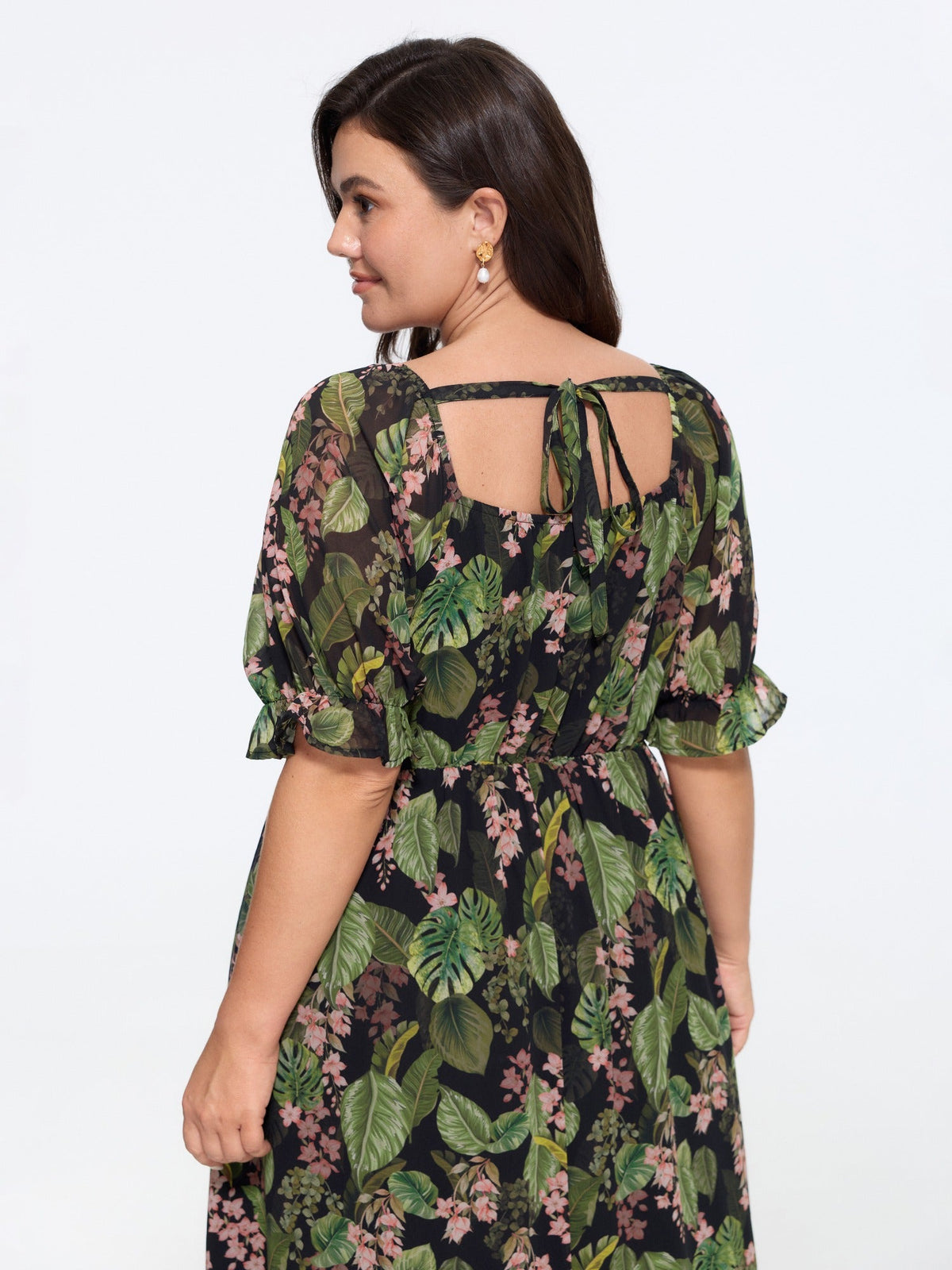 Tropical Floral Print Square Neck Tiered Midi Dress