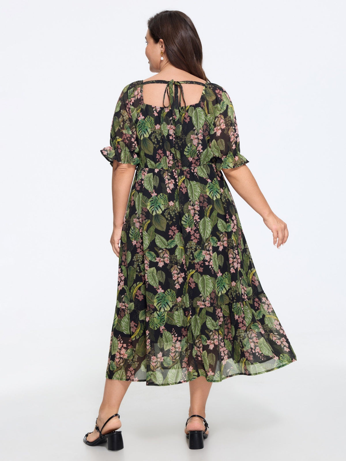 Tropical Floral Print Square Neck Tiered Midi Dress