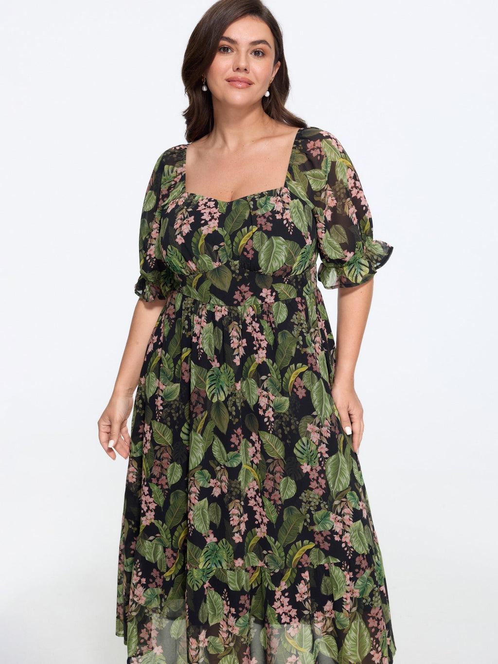Tropical Floral Print Square Neck Tiered Midi Dress