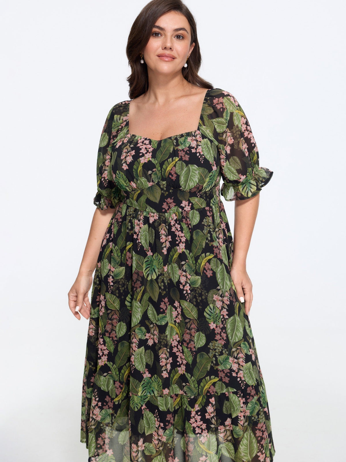Tropical Floral Print Square Neck Tiered Midi Dress