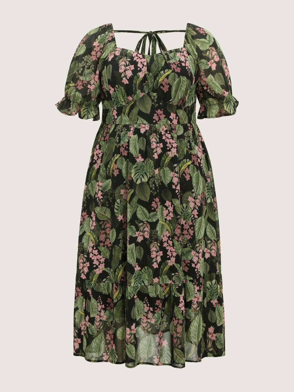 Tropical Floral Print Square Neck Tiered Midi Dress