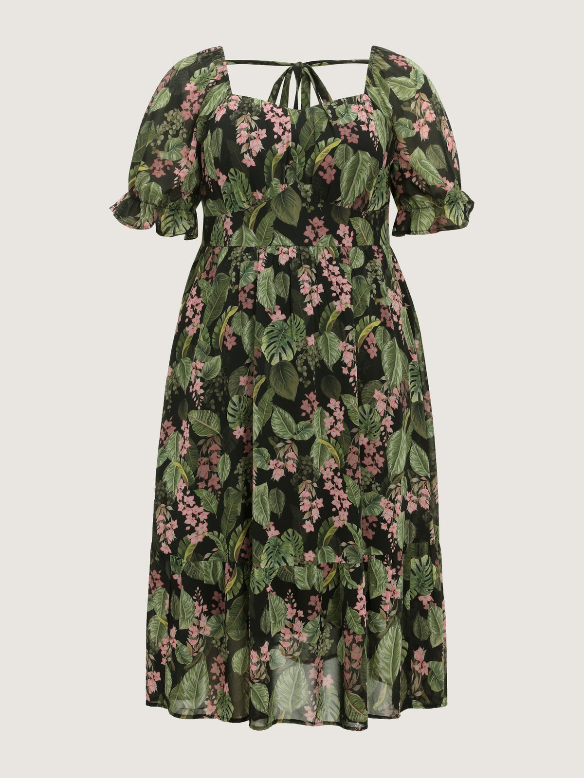 Tropical Floral Print Square Neck Tiered Midi Dress