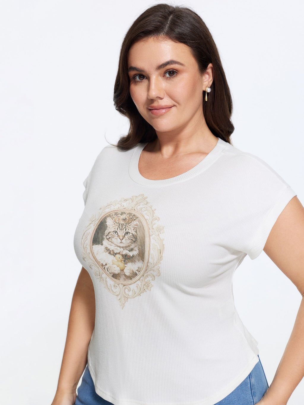 Supersoft Stretchy Vintage Frame Cat Print Cropped T-Shirt