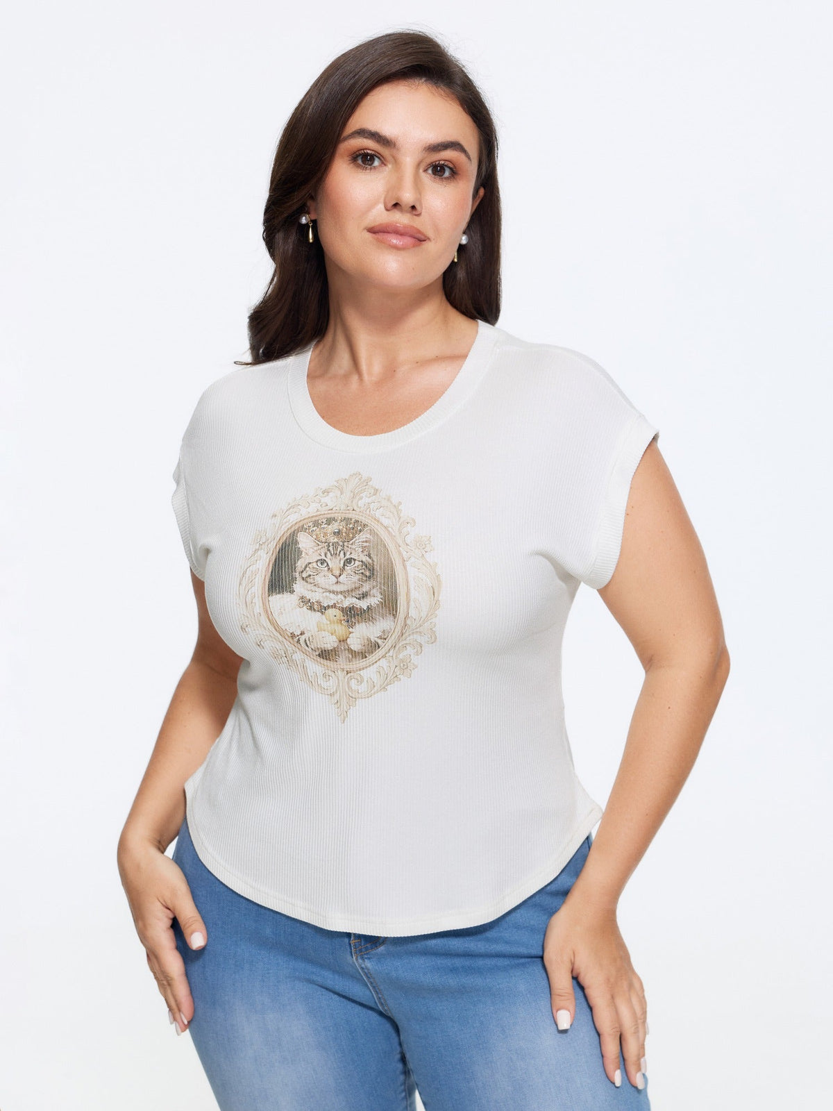 Supersoft Stretchy Vintage Frame Cat Print Cropped T-Shirt