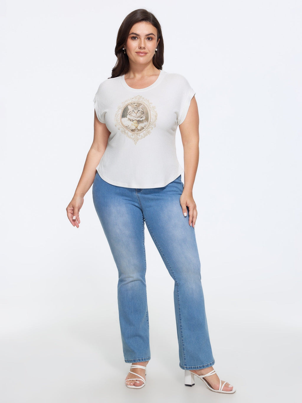Supersoft Stretchy Vintage Frame Cat Print Cropped T-Shirt